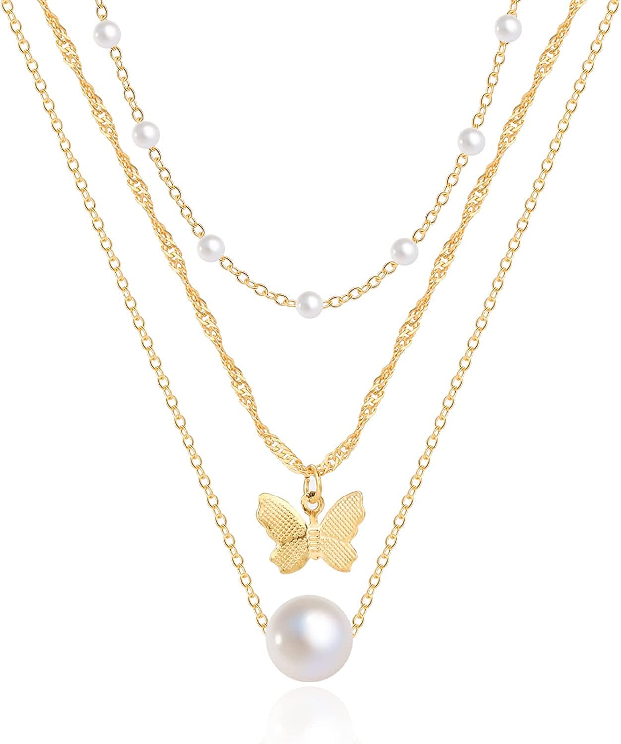 18K Gold Plated Chain Layered Necklaces for Women Statement Chain Pendant Necklace Set Dainty Layered Chain Y Pendant Necklaces for Women Girls Pearl&Butterfly Gold