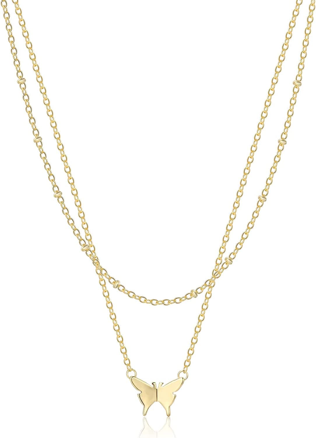18K Gold Plated Chain Layered Necklaces for Women Statement Chain Pendant Necklace Set Dainty Layered Chain Y Pendant Necklaces for Women Girls Butterfly&Bead Gold