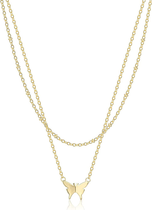 18K Gold Plated Chain Layered Necklaces for Women Statement Chain Pendant Necklace Set Dainty Layered Chain Y Pendant Necklaces for Women Girls Butterfly&Bead Gold