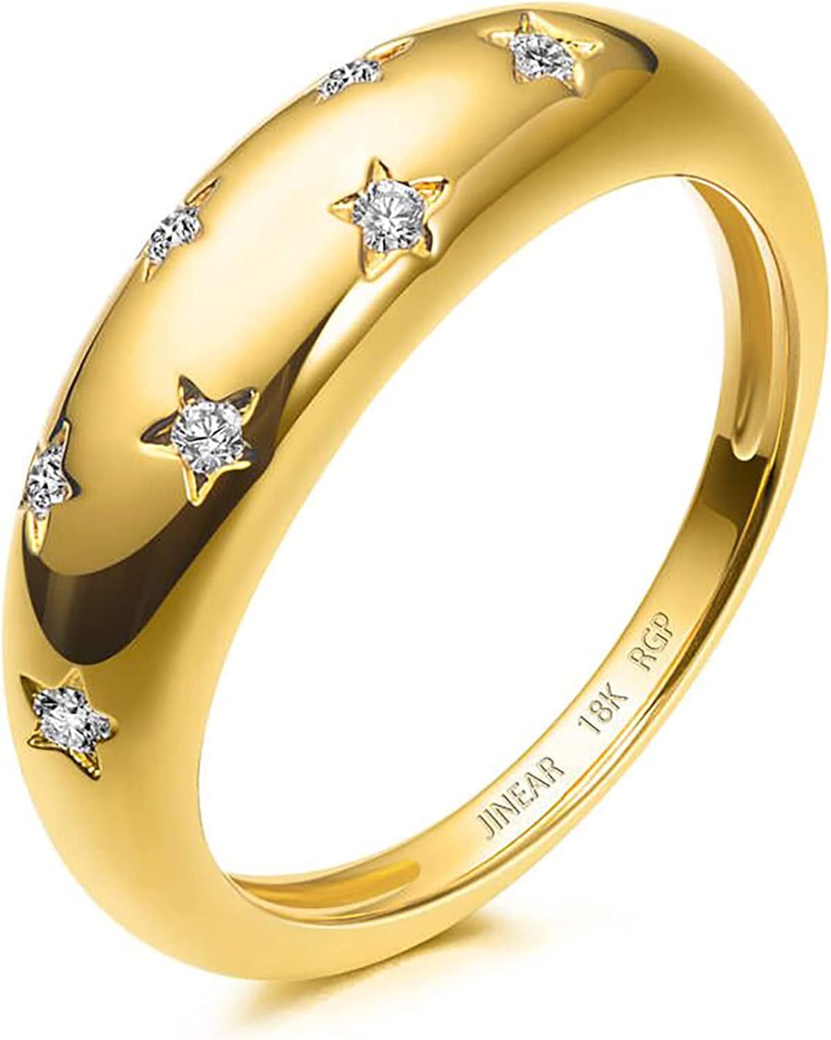 18K Gold Plated Croissant Braided Twisted Signet Chunky Dome Ring Stacking Star Band for Women and Men Statement Wedding Ring Minimalist Jewelry Size 5 to 10 Star dome ring-Gold / 7