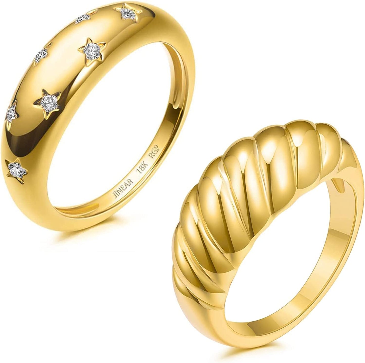18K Gold Plated Croissant Braided Twisted Signet Chunky Dome Ring Stacking Star Band for Women and Men Statement Wedding Ring Minimalist Jewelry Size 5 to 10 Croissant+Star-Gold / 10