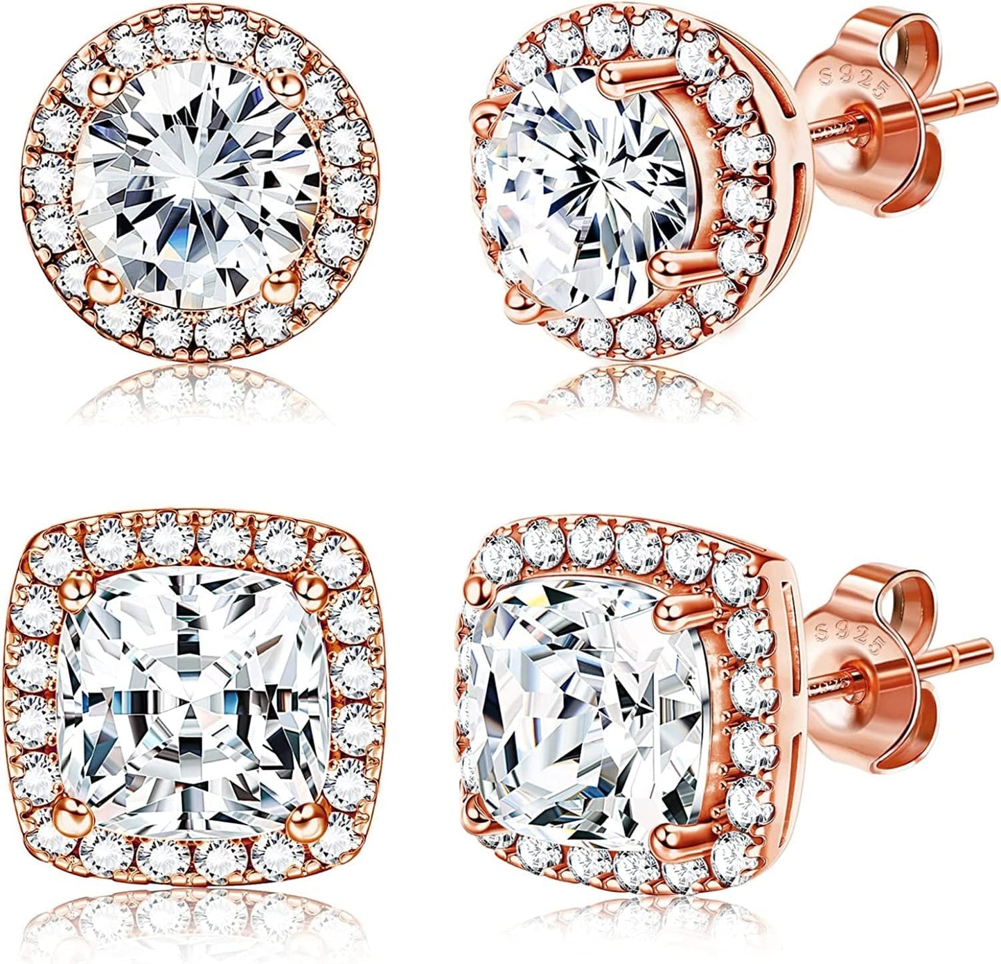 18K Gold Plated Halo Stud Earrings 925 Sterling Silver Cubic Zirconia Stud Earrings round Square Diamonique Stud Earrings Set for Women Men Rose Gold