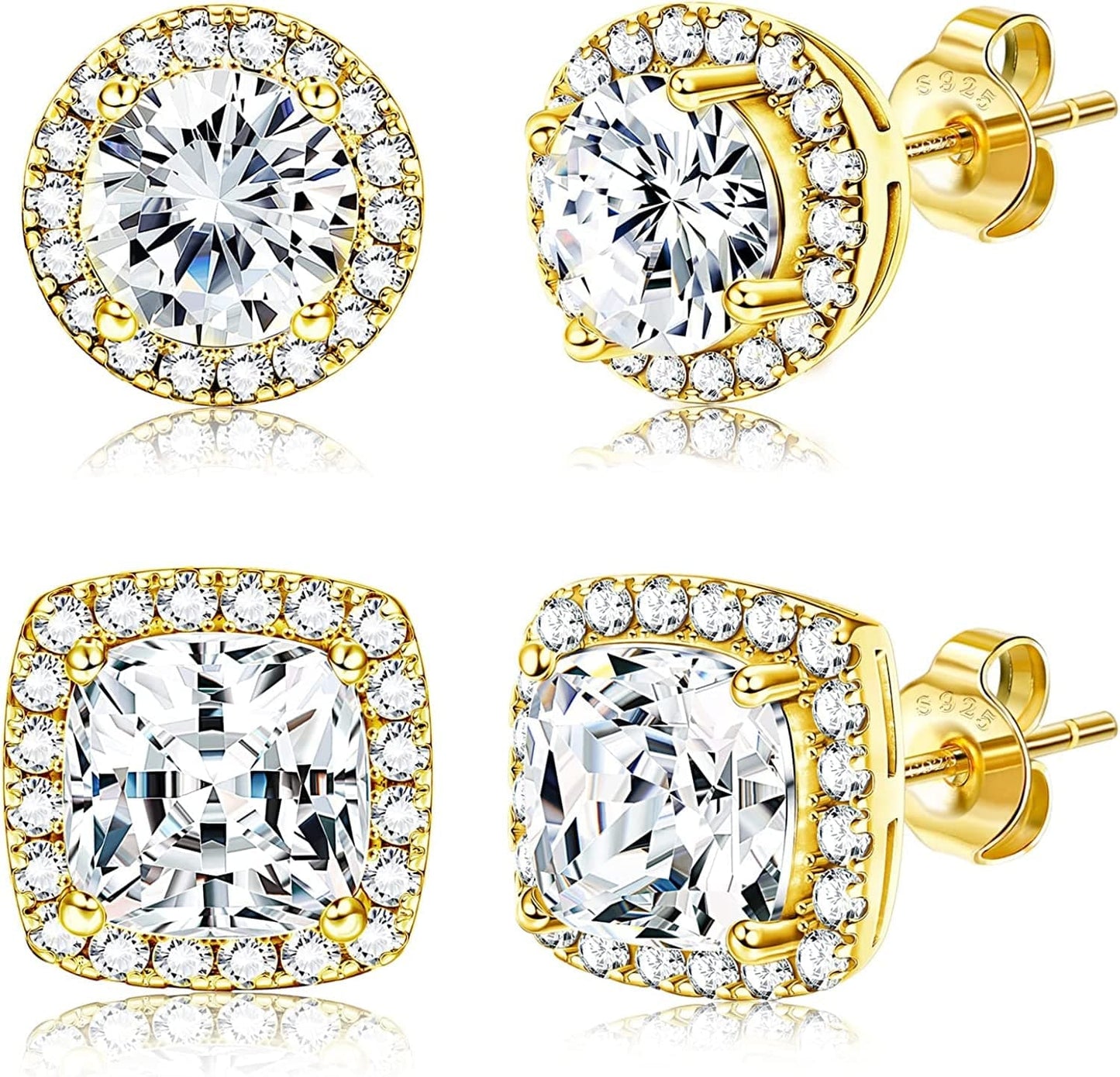 18K Gold Plated Halo Stud Earrings 925 Sterling Silver Cubic Zirconia Stud Earrings round Square Diamonique Stud Earrings Set for Women Men Gold