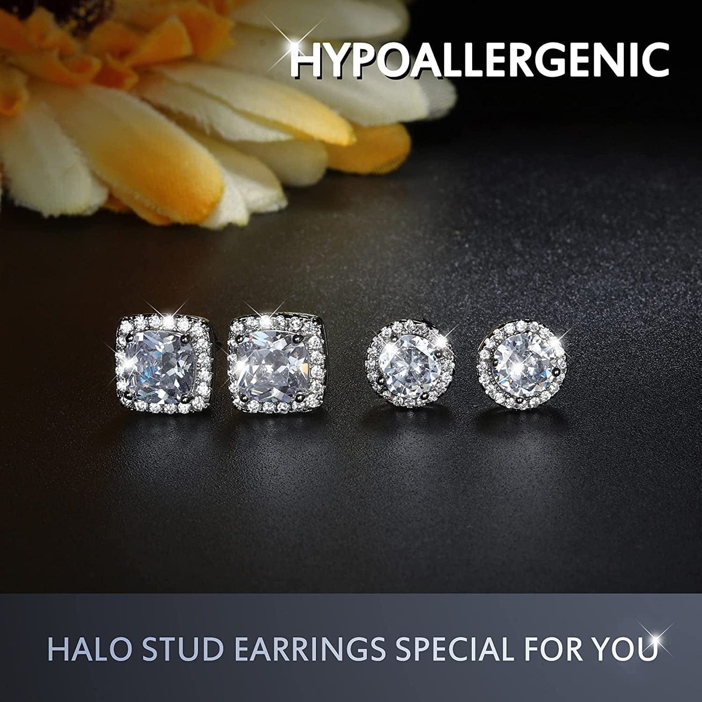18K Gold Plated Halo Stud Earrings 925 Sterling Silver Cubic Zirconia Stud Earrings round Square Diamonique Stud Earrings Set for Women Men