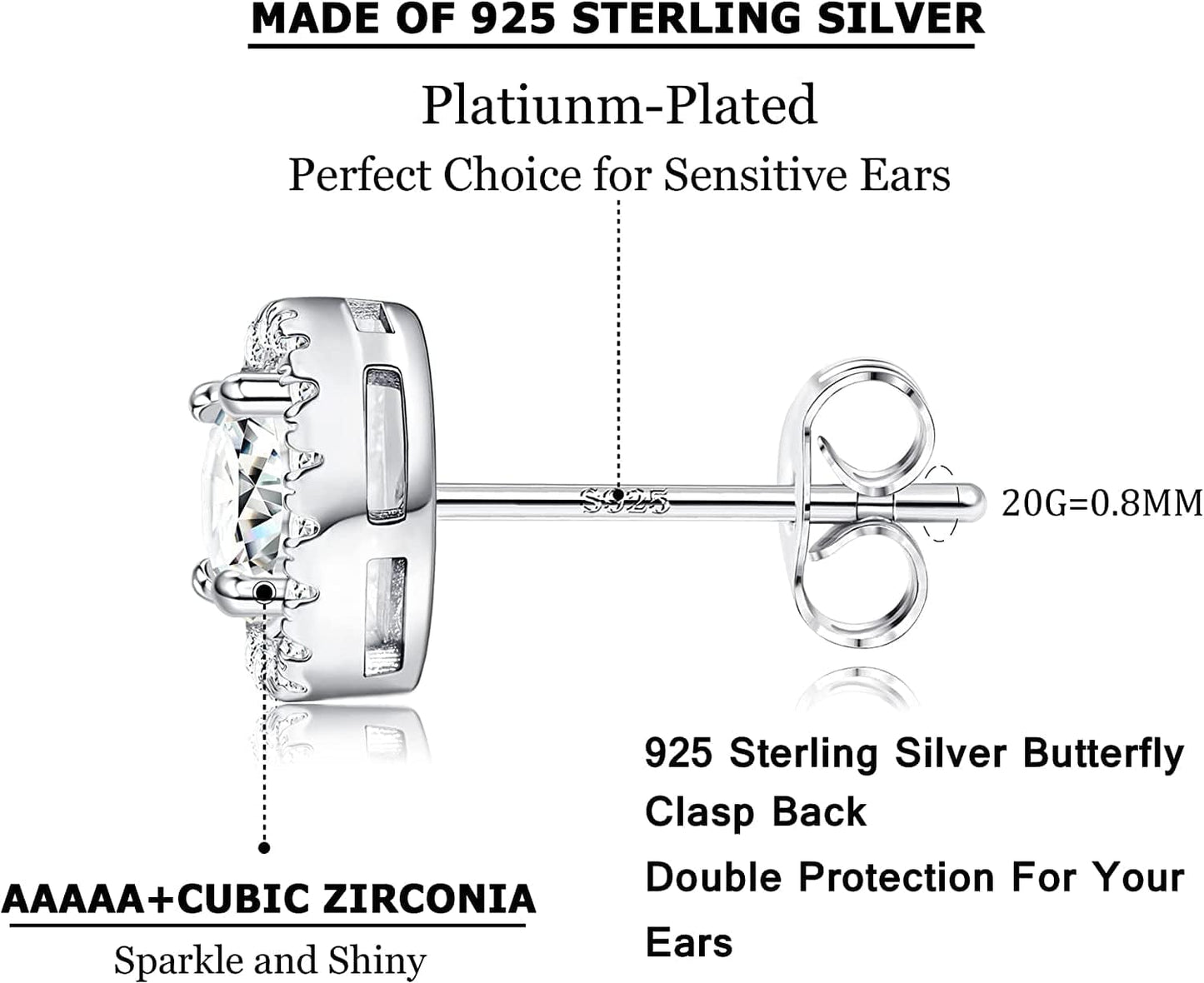 18K Gold Plated Halo Stud Earrings 925 Sterling Silver Cubic Zirconia Stud Earrings round Square Diamonique Stud Earrings Set for Women Men