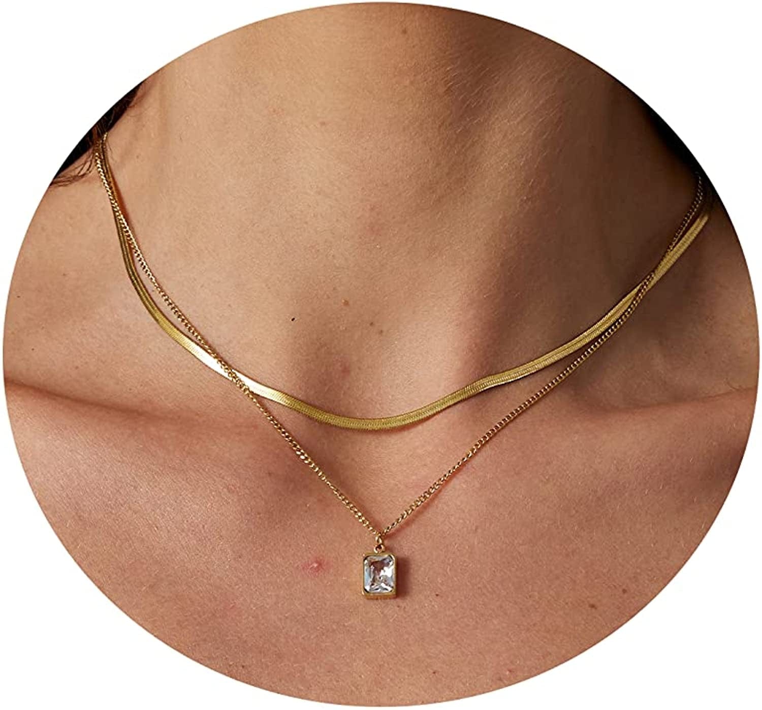 18K Gold Plated Herringbone Choker Necklaces Double Layered Snake Chain Necklace Trible Layering Figaro Paper Clip Chain Link Necklace Set Shiny Twisted Rope Chain Necklace for Women Layered Snake White CZ-Gold