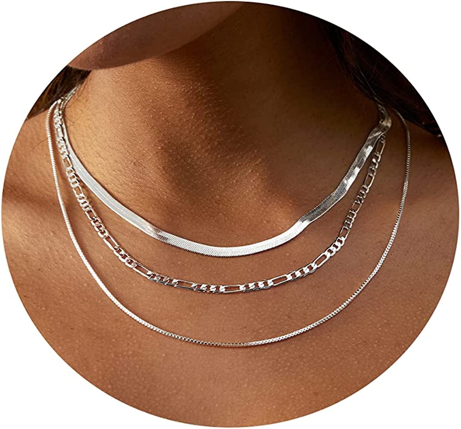18K Gold Plated Herringbone Choker Necklaces Double Layered Snake Chain Necklace Trible Layering Figaro Paper Clip Chain Link Necklace Set Shiny Twisted Rope Chain Necklace for Women 3 layered Snake + Figaro-Silver