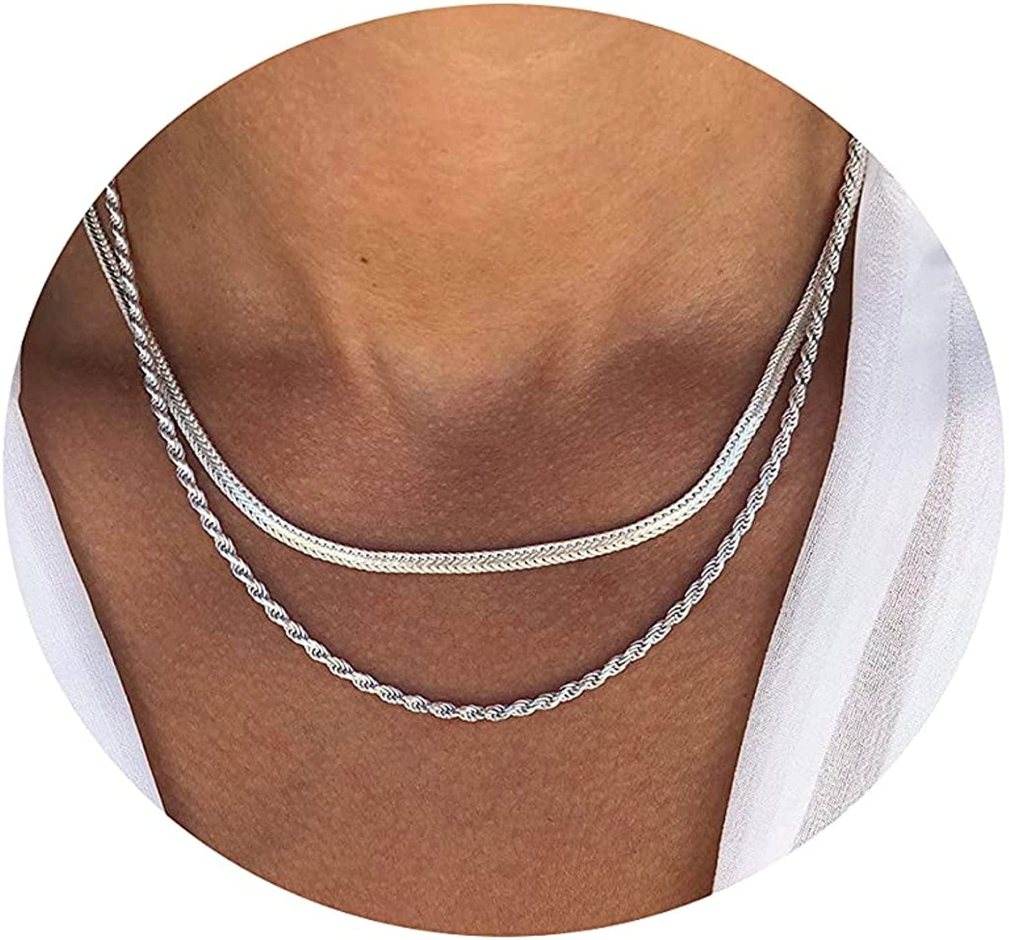 18K Gold Plated Herringbone Choker Necklaces Double Layered Snake Chain Necklace Trible Layering Figaro Paper Clip Chain Link Necklace Set Shiny Twisted Rope Chain Necklace for Women Snake + Twisted Rope-Silver