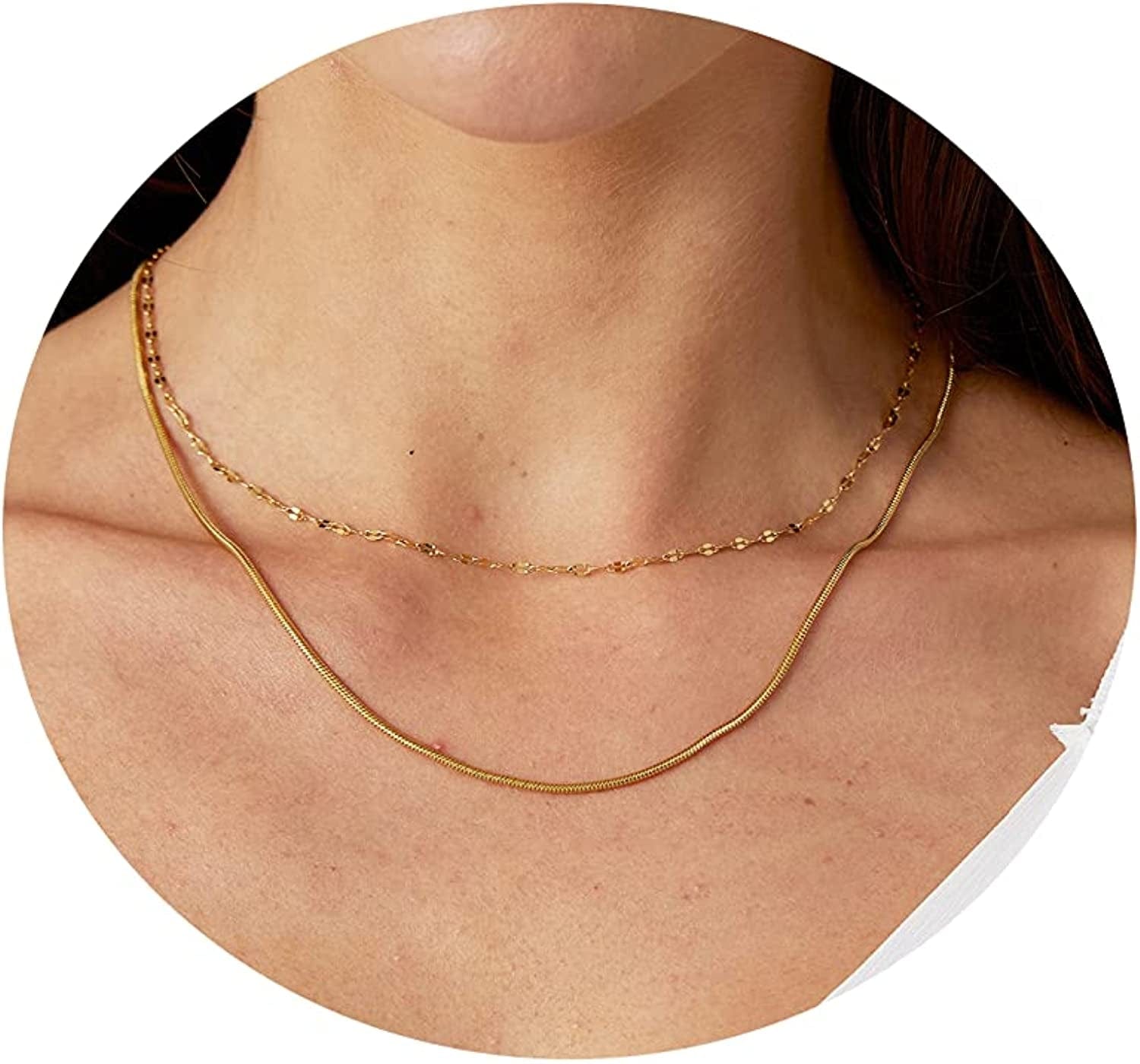 18K Gold Plated Herringbone Choker Necklaces Double Layered Snake Chain Necklace Trible Layering Figaro Paper Clip Chain Link Necklace Set Shiny Twisted Rope Chain Necklace for Women Layered Lip+1.5mm Snake-Gold