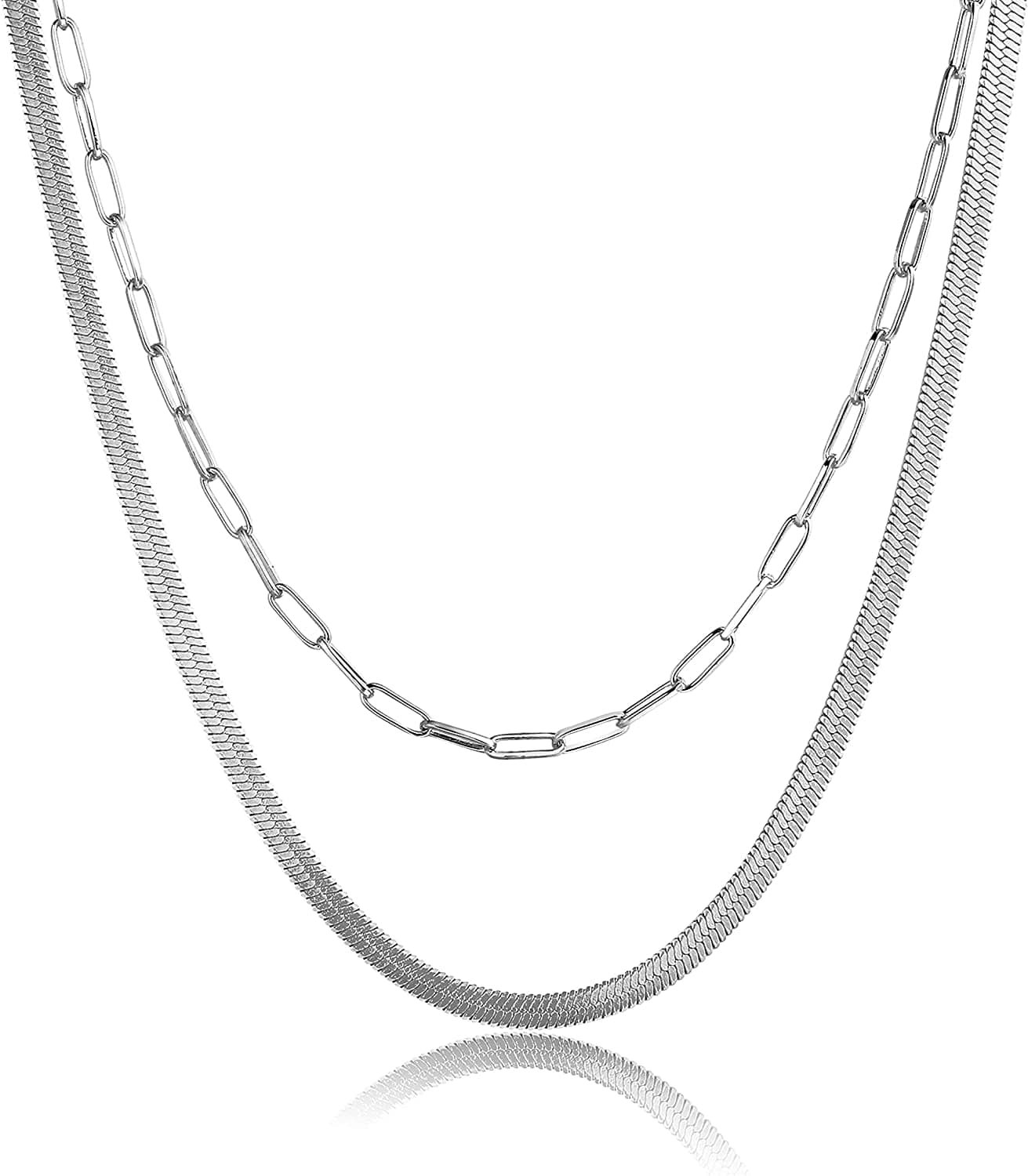 18K Gold Plated Herringbone Choker Necklaces Double Layered Snake Chain Necklace Trible Layering Figaro Paper Clip Chain Link Necklace Set Shiny Twisted Rope Chain Necklace for Women 2Layer Paperclip+Snake 5mm-Silver