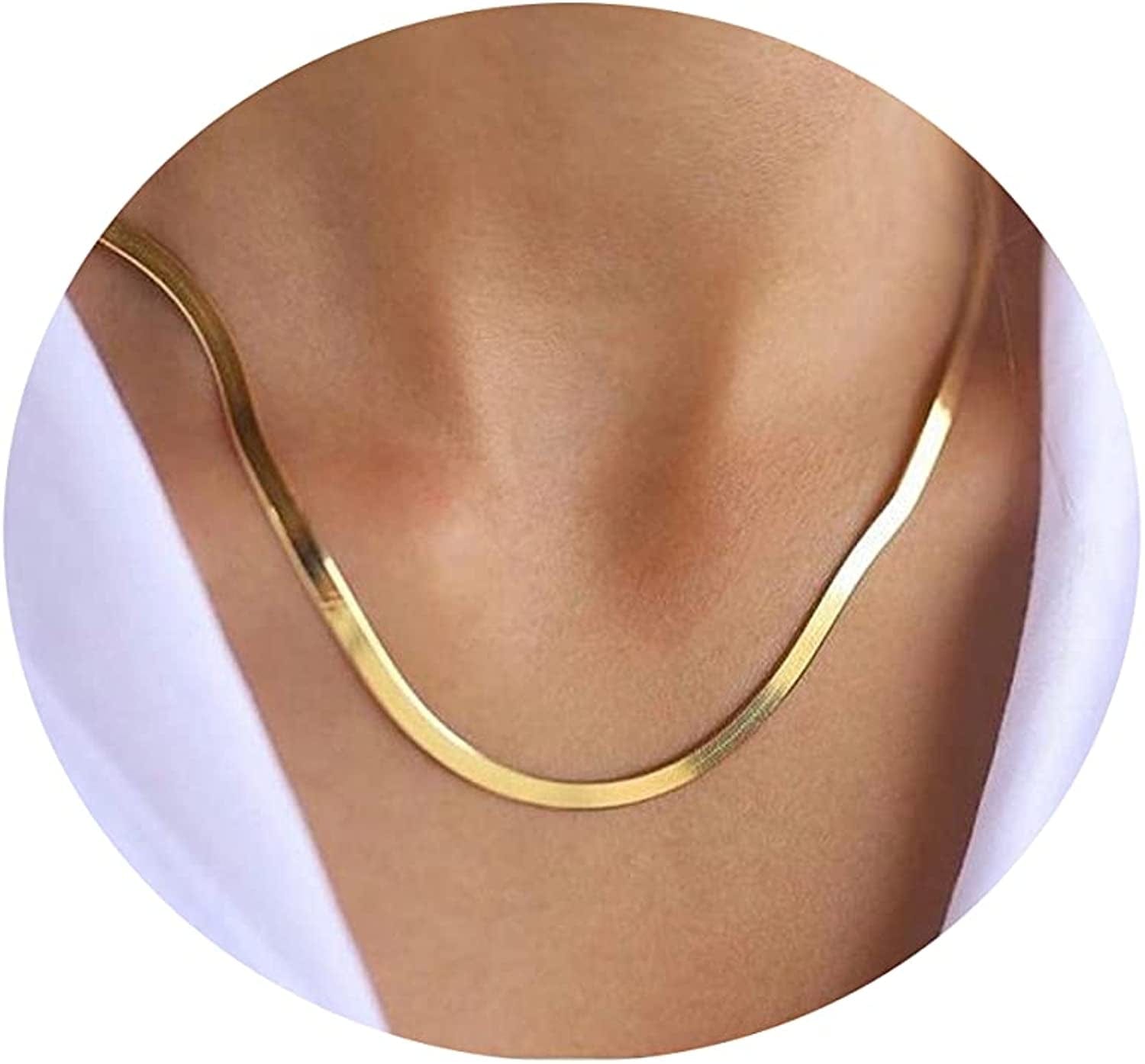 18K Gold Plated Herringbone Choker Necklaces Double Layered Snake Chain Necklace Trible Layering Figaro Paper Clip Chain Link Necklace Set Shiny Twisted Rope Chain Necklace for Women 5mm 42cm-Gold