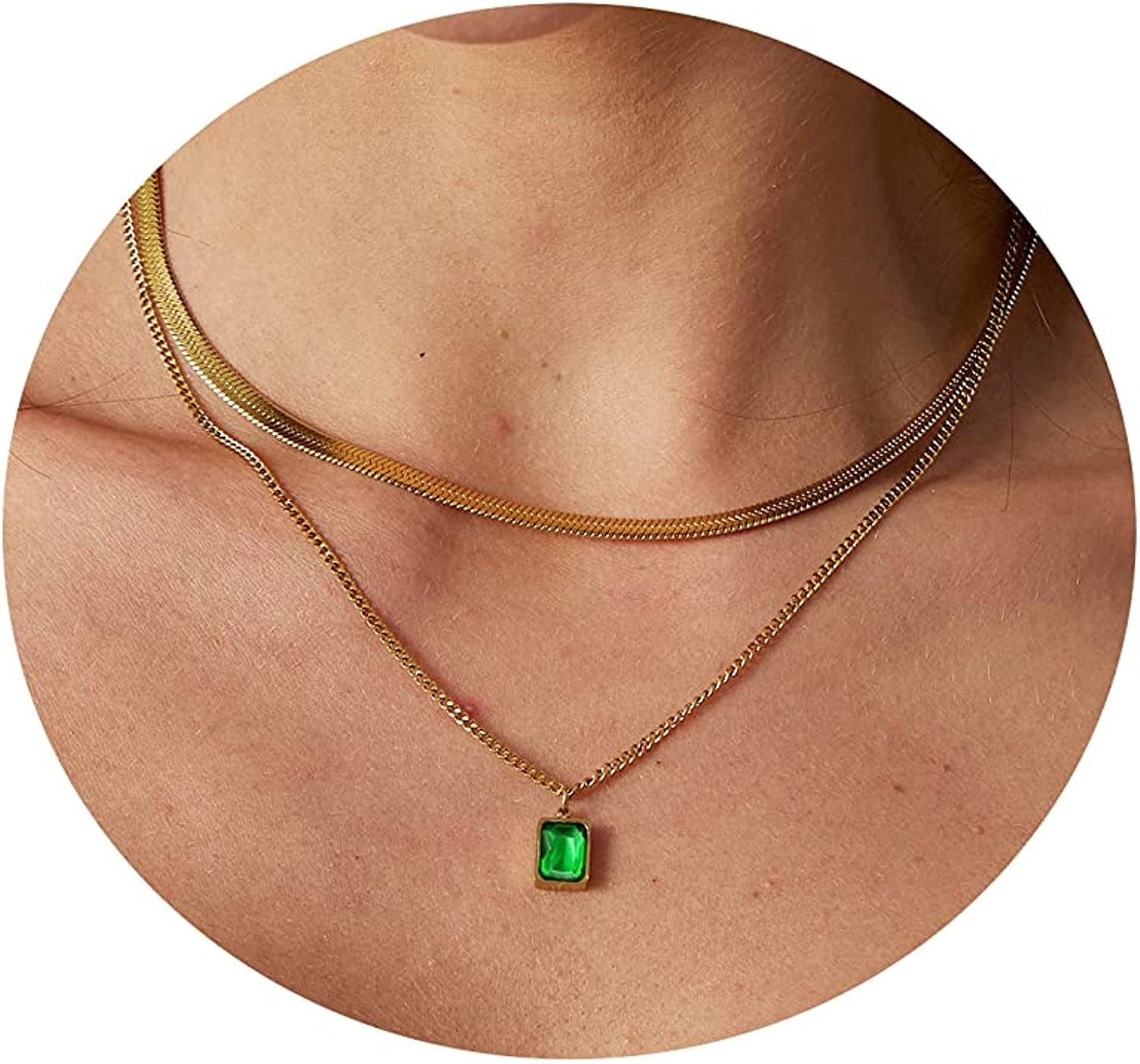 18K Gold Plated Herringbone Choker Necklaces Double Layered Snake Chain Necklace Trible Layering Figaro Paper Clip Chain Link Necklace Set Shiny Twisted Rope Chain Necklace for Women Layered Snake Green CZ-Gold