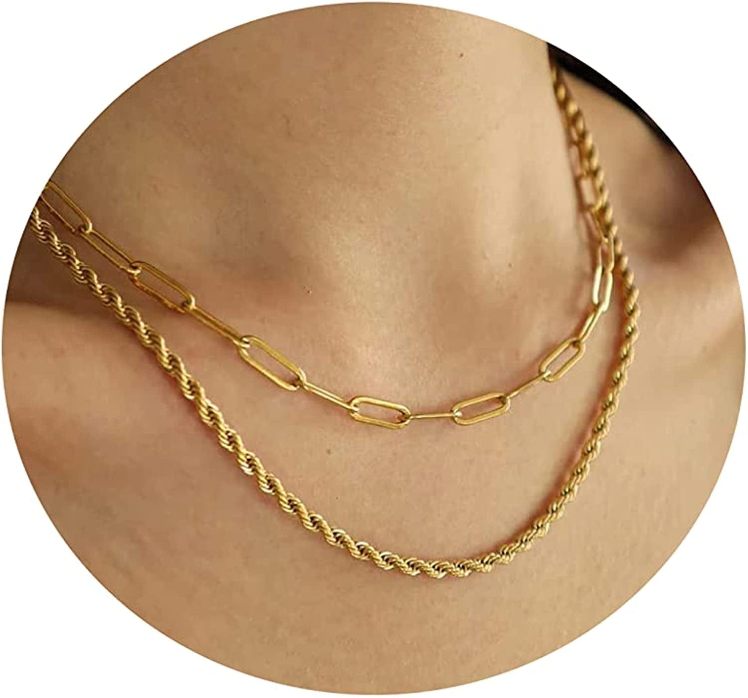 18K Gold Plated Herringbone Choker Necklaces Double Layered Snake Chain Necklace Trible Layering Figaro Paper Clip Chain Link Necklace Set Shiny Twisted Rope Chain Necklace for Women Layered Paperclip+ Rope-Gold