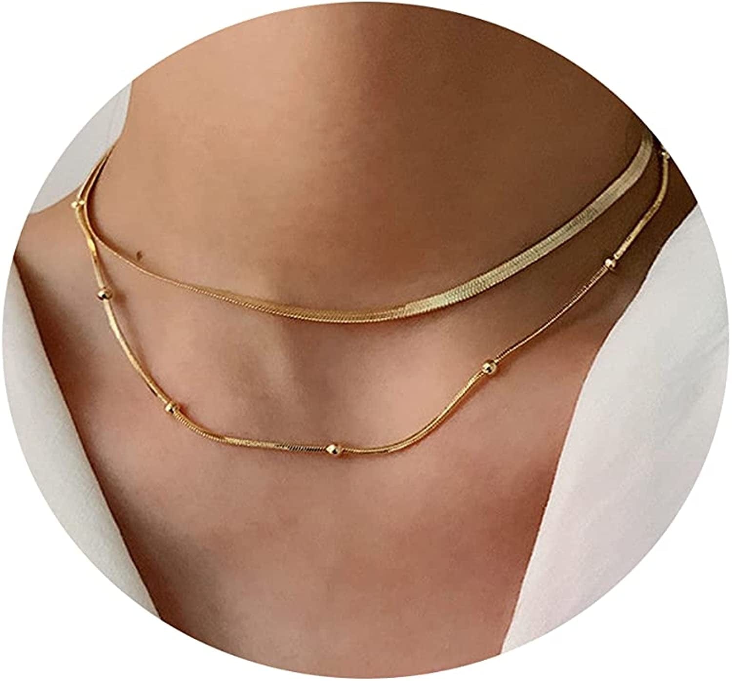 18K Gold Plated Herringbone Choker Necklaces Double Layered Snake Chain Necklace Trible Layering Figaro Paper Clip Chain Link Necklace Set Shiny Twisted Rope Chain Necklace for Women 2Layered Snake 3mm+Ball-Gold