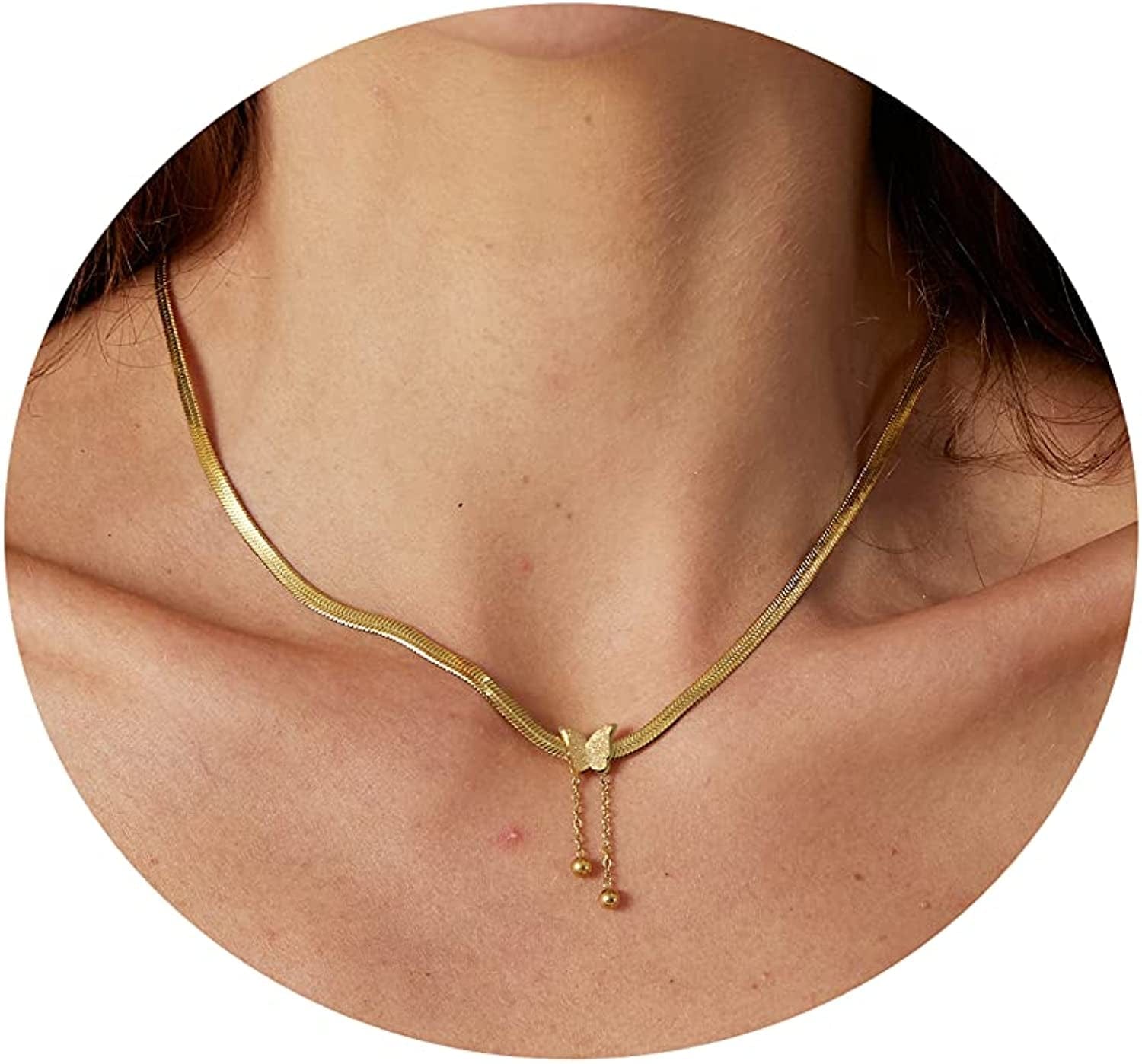 18K Gold Plated Herringbone Choker Necklaces Double Layered Snake Chain Necklace Trible Layering Figaro Paper Clip Chain Link Necklace Set Shiny Twisted Rope Chain Necklace for Women Snake Butterfly-Gold