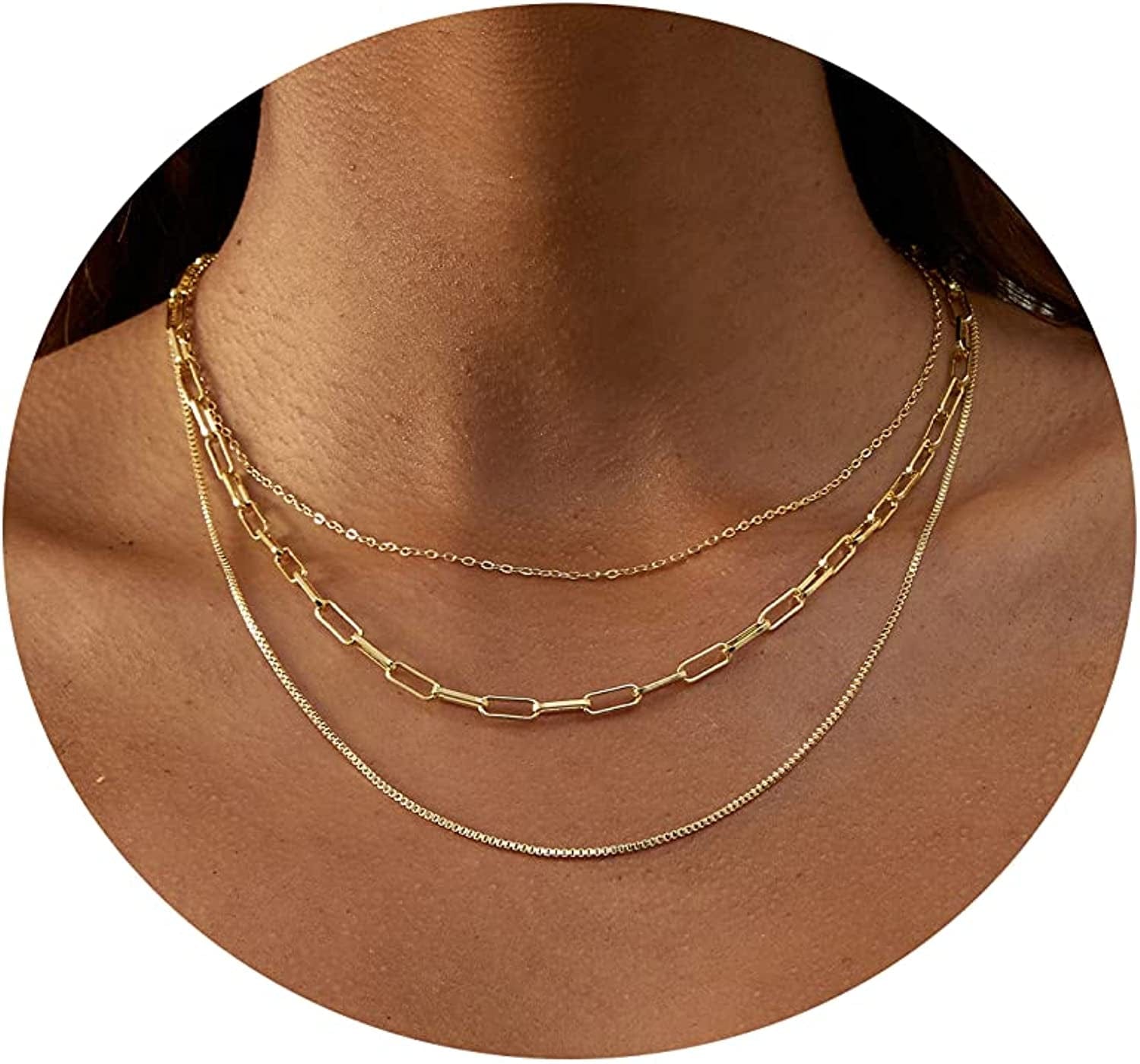 18K Gold Plated Herringbone Choker Necklaces Double Layered Snake Chain Necklace Trible Layering Figaro Paper Clip Chain Link Necklace Set Shiny Twisted Rope Chain Necklace for Women 3 Layered Paperclip+ Box