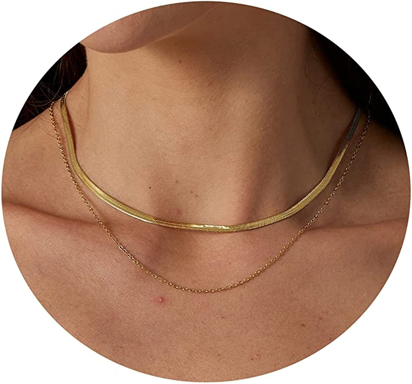 18K Gold Plated Herringbone Choker Necklaces Double Layered Snake Chain Necklace Trible Layering Figaro Paper Clip Chain Link Necklace Set Shiny Twisted Rope Chain Necklace for Women Layered 3mm Snake+O Chain-Gold