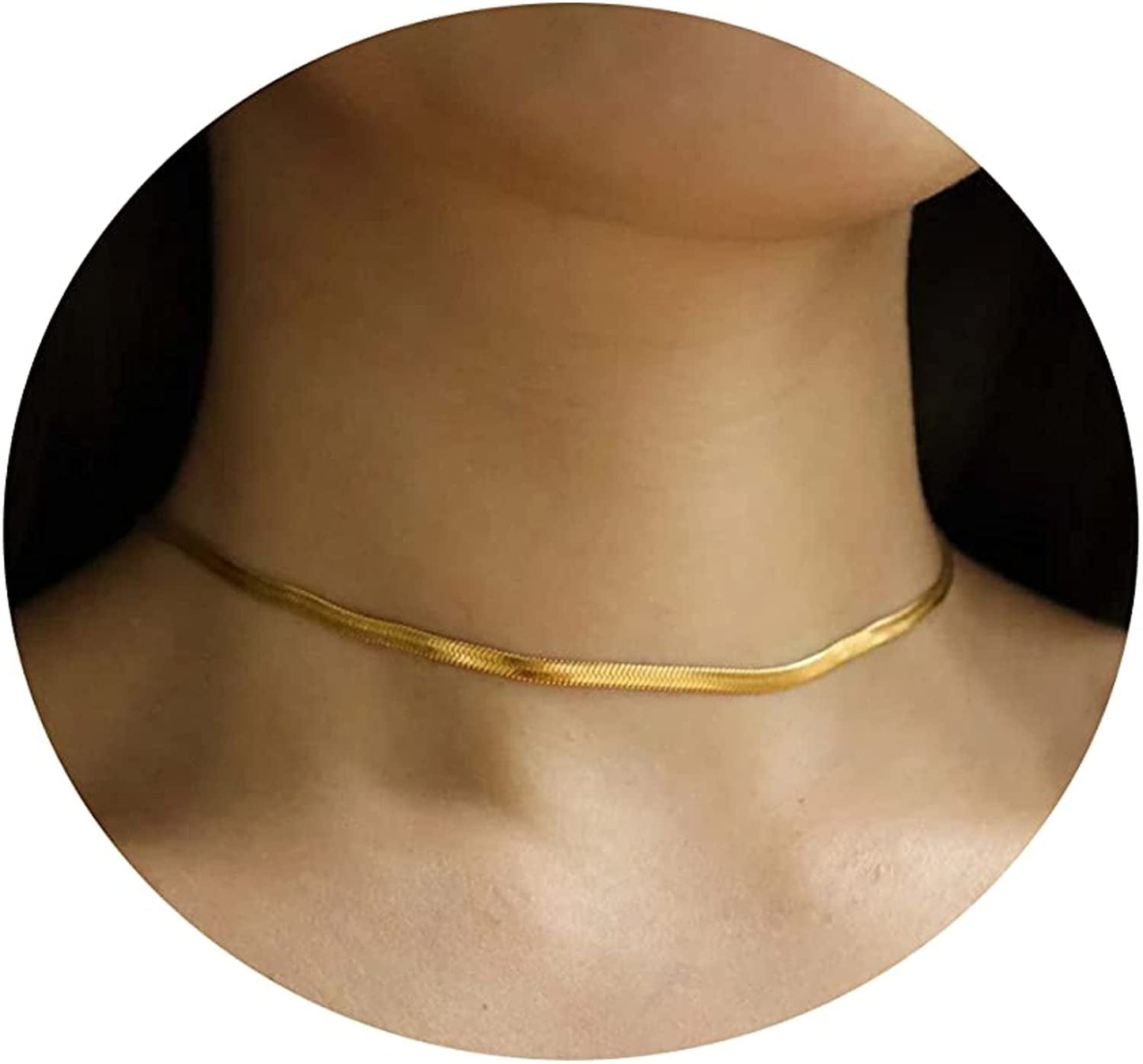 18K Gold Plated Herringbone Choker Necklaces Double Layered Snake Chain Necklace Trible Layering Figaro Paper Clip Chain Link Necklace Set Shiny Twisted Rope Chain Necklace for Women Snake 4mm 35cm-Gold