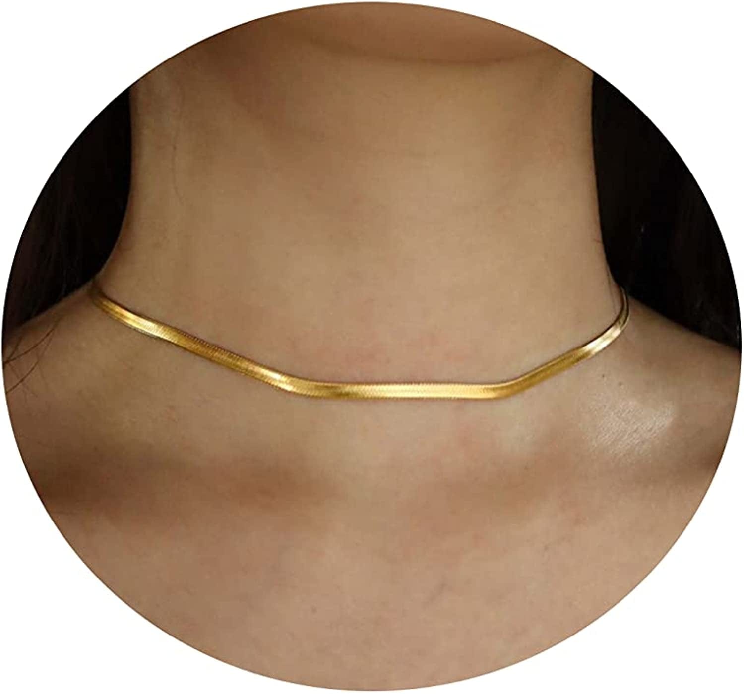 18K Gold Plated Herringbone Choker Necklaces Double Layered Snake Chain Necklace Trible Layering Figaro Paper Clip Chain Link Necklace Set Shiny Twisted Rope Chain Necklace for Women 3mm 35cm-Gold