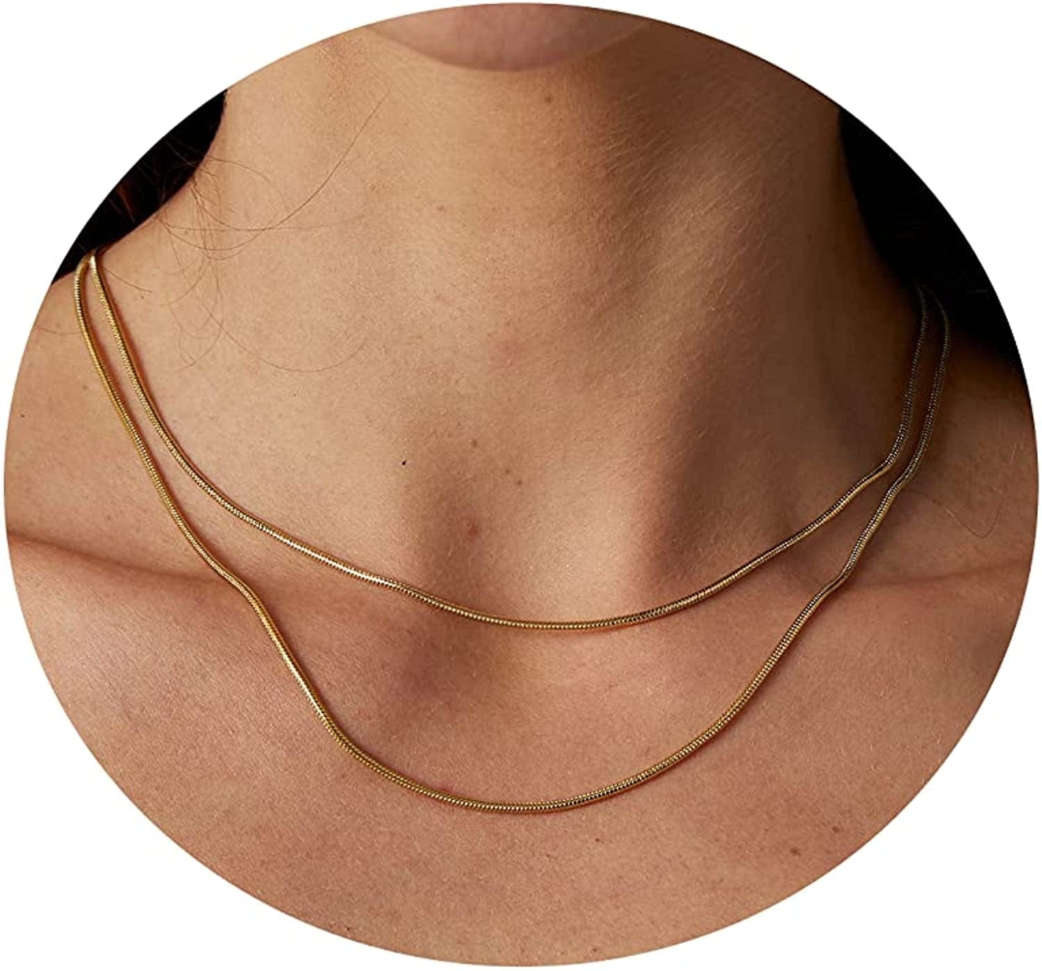 18K Gold Plated Herringbone Choker Necklaces Double Layered Snake Chain Necklace Trible Layering Figaro Paper Clip Chain Link Necklace Set Shiny Twisted Rope Chain Necklace for Women Double layered Snake 1.5mm