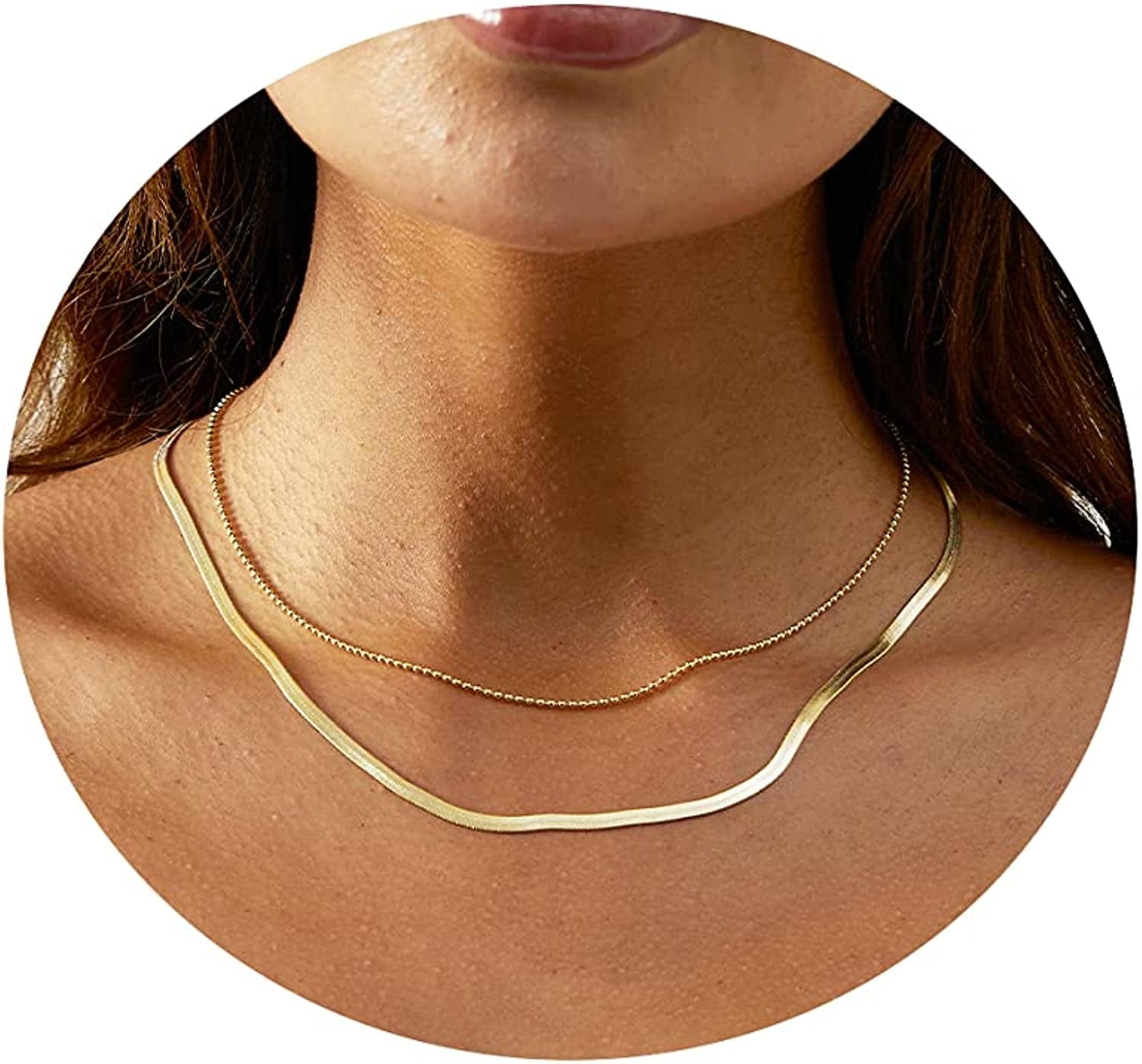 18K Gold Plated Herringbone Choker Necklaces Double Layered Snake Chain Necklace Trible Layering Figaro Paper Clip Chain Link Necklace Set Shiny Twisted Rope Chain Necklace for Women 2 Layered Snake Beaded Chain-Gold