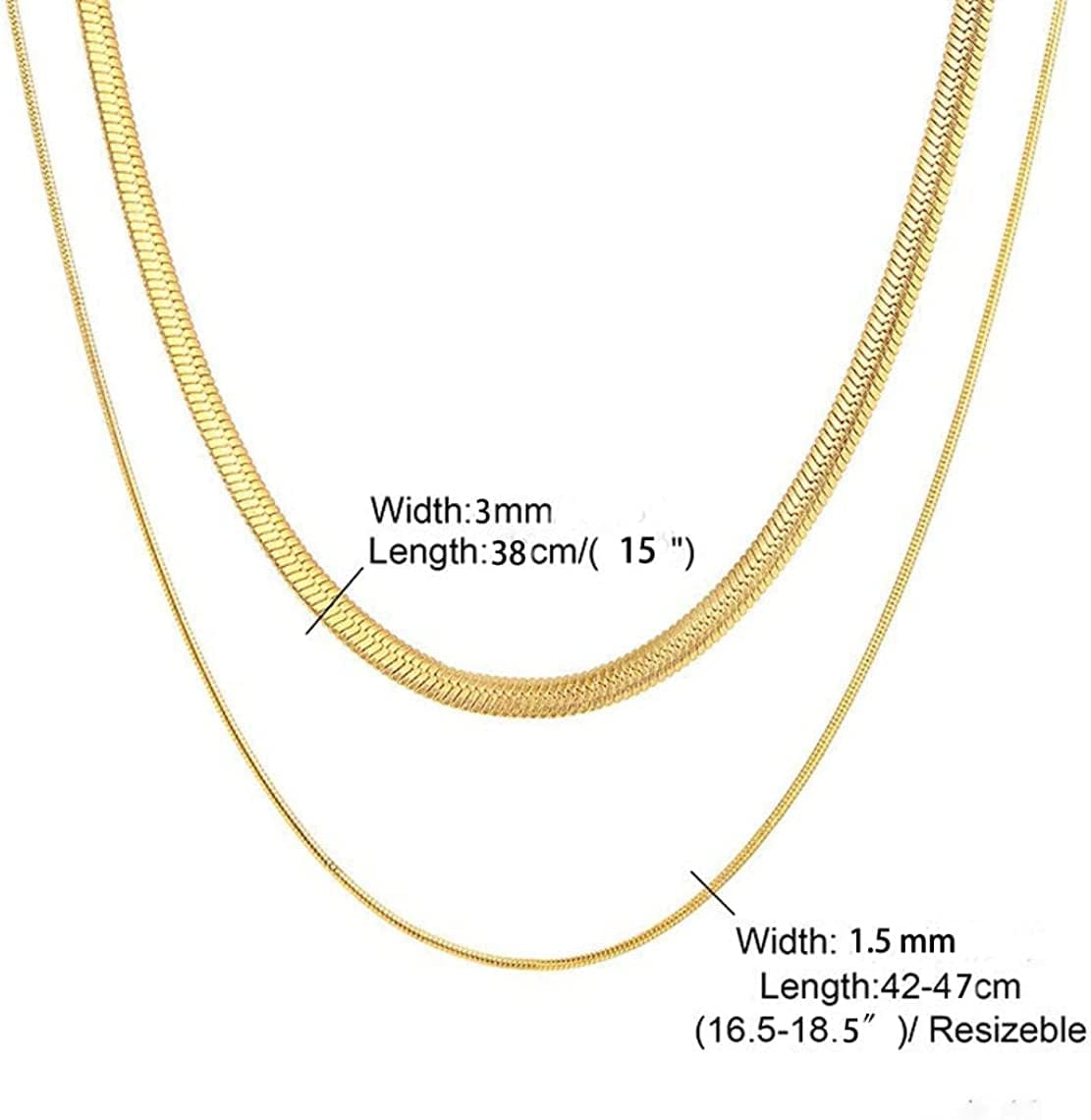 18K Gold Plated Herringbone Choker Necklaces Double Layered Snake Chain Necklace Trible Layering Figaro Paper Clip Chain Link Necklace Set Shiny Twisted Rope Chain Necklace for Women