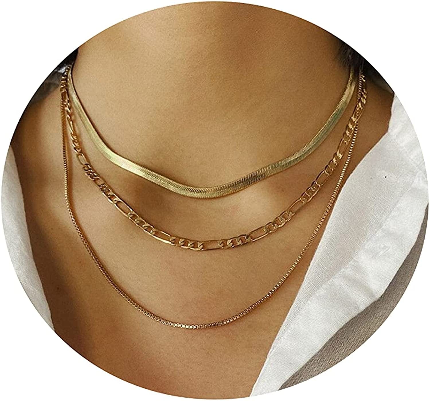 18K Gold Plated Herringbone Choker Necklaces Double Layered Snake Chain Necklace Trible Layering Figaro Paper Clip Chain Link Necklace Set Shiny Twisted Rope Chain Necklace for Women
