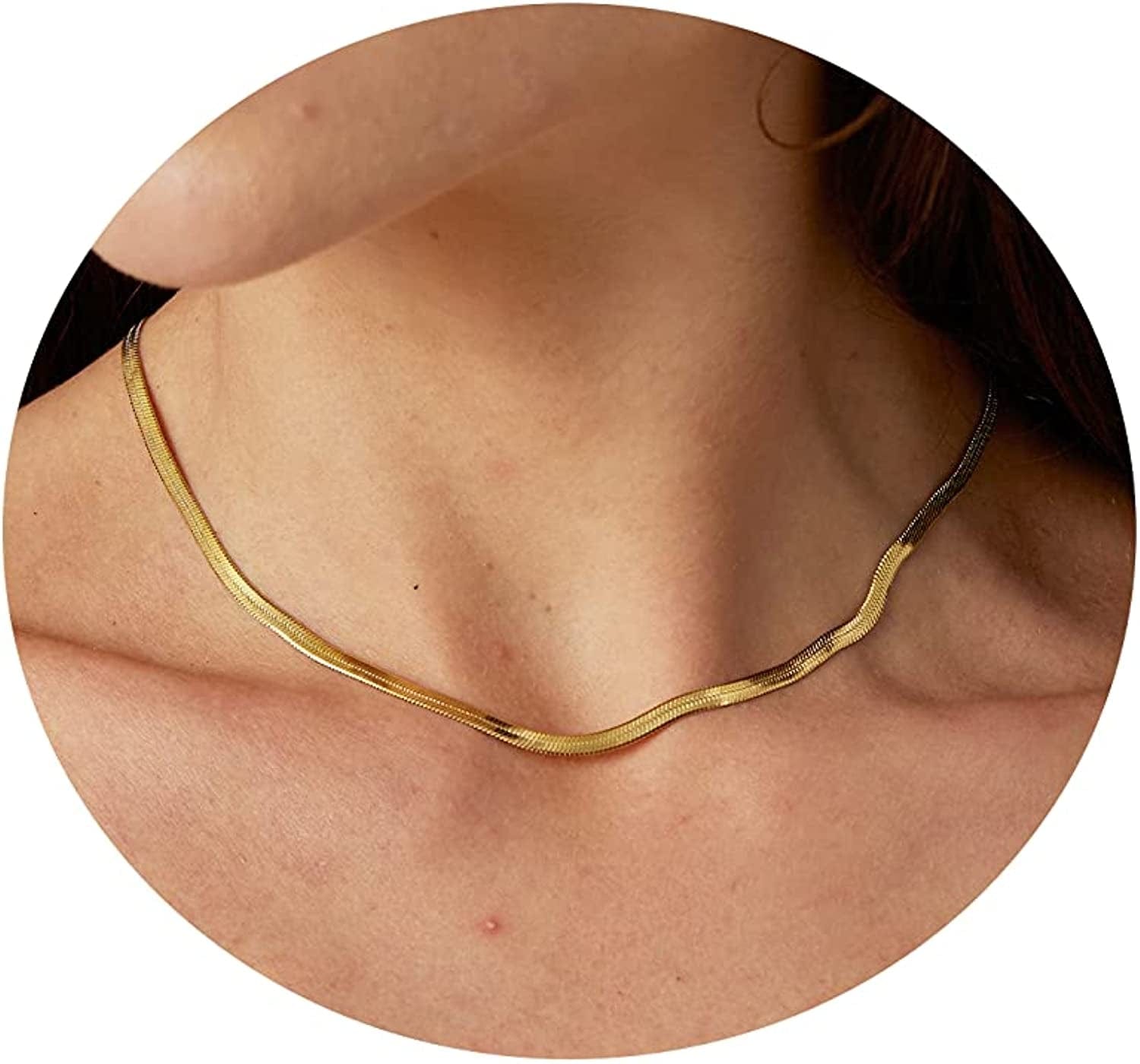 18K Gold Plated Herringbone Choker Necklaces Double Layered Snake Chain Necklace Trible Layering Figaro Paper Clip Chain Link Necklace Set Shiny Twisted Rope Chain Necklace for Women