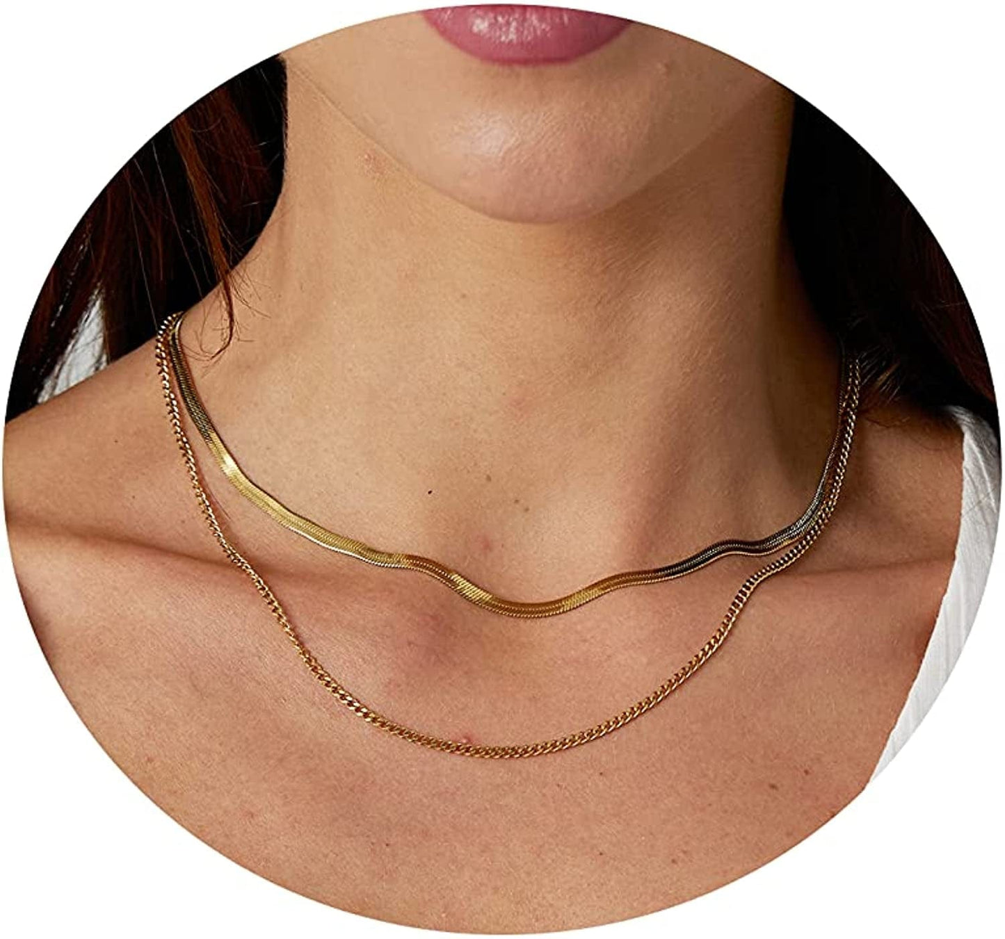 18K Gold Plated Herringbone Choker Necklaces Double Layered Snake Chain Necklace Trible Layering Figaro Paper Clip Chain Link Necklace Set Shiny Twisted Rope Chain Necklace for Women