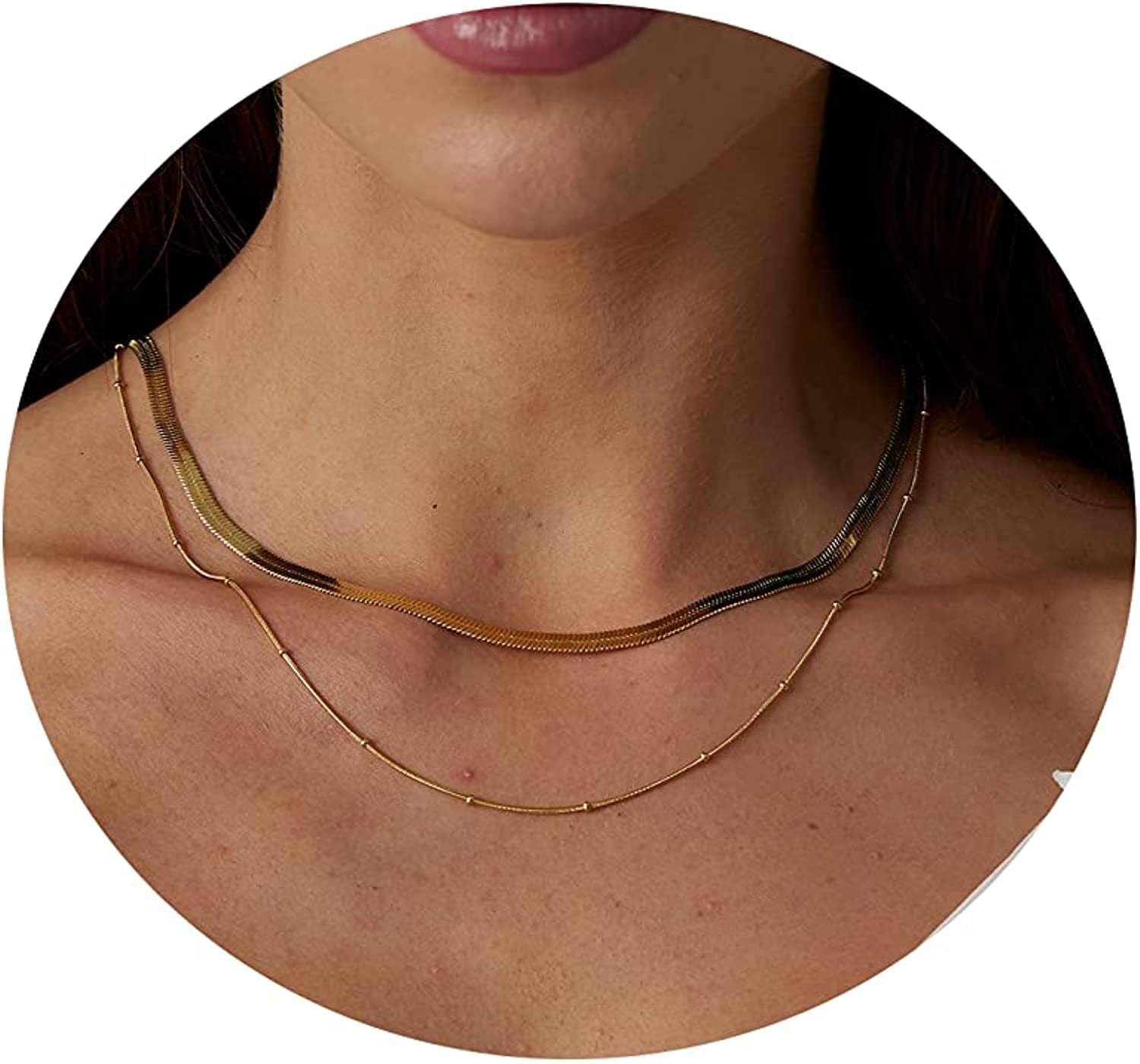 18K Gold Plated Herringbone Choker Necklaces Double Layered Snake Chain Necklace Trible Layering Figaro Paper Clip Chain Link Necklace Set Shiny Twisted Rope Chain Necklace for Women