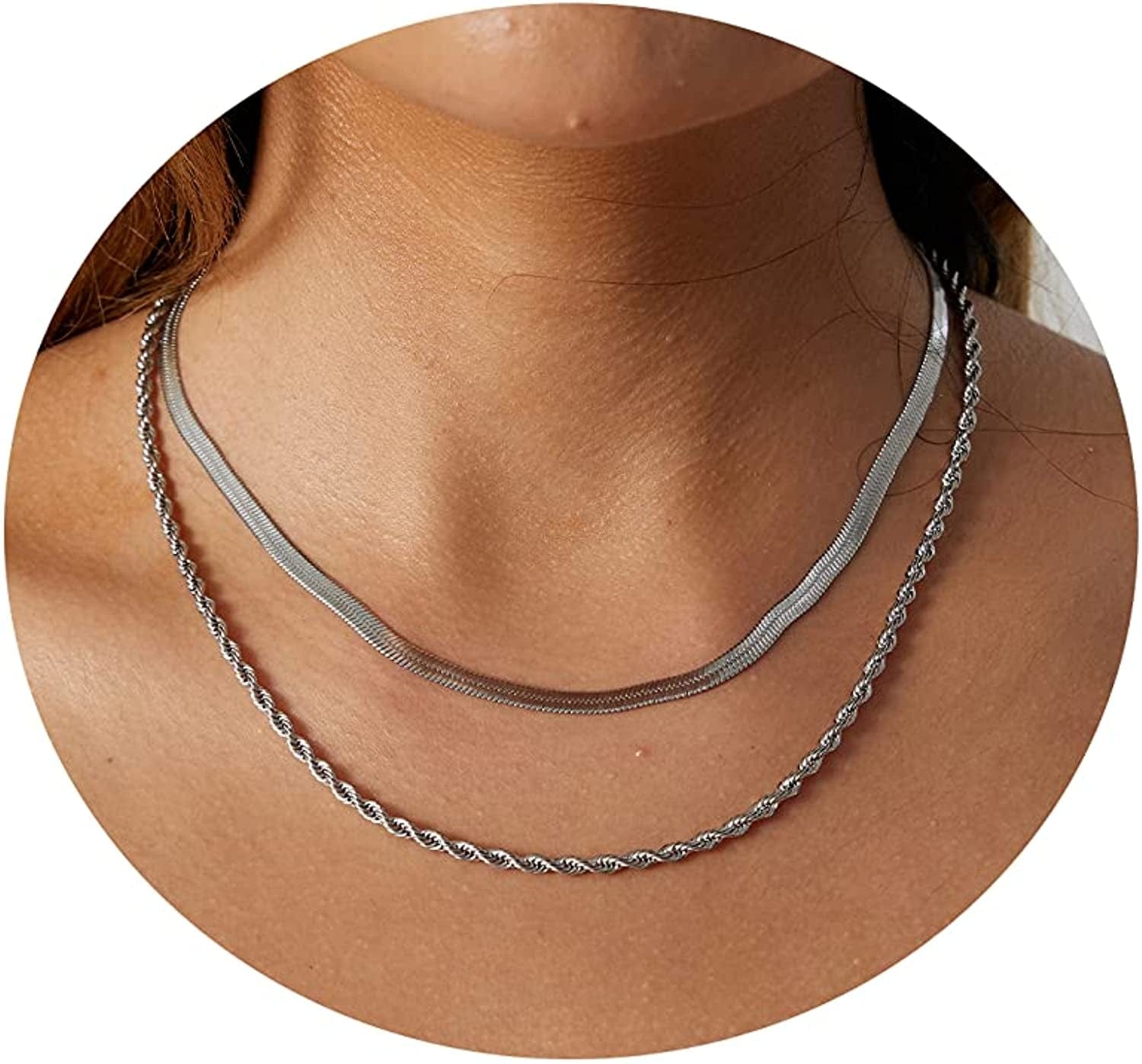 18K Gold Plated Herringbone Choker Necklaces Double Layered Snake Chain Necklace Trible Layering Figaro Paper Clip Chain Link Necklace Set Shiny Twisted Rope Chain Necklace for Women