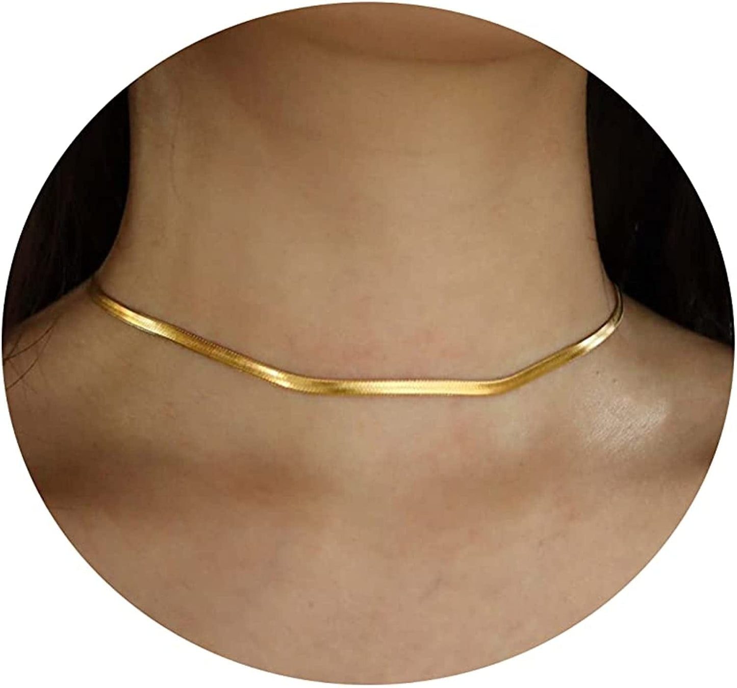 18K Gold Plated Herringbone Choker Necklaces Double Layered Snake Chain Necklace Trible Layering Figaro Paper Clip Chain Link Necklace Set Shiny Twisted Rope Chain Necklace for Women