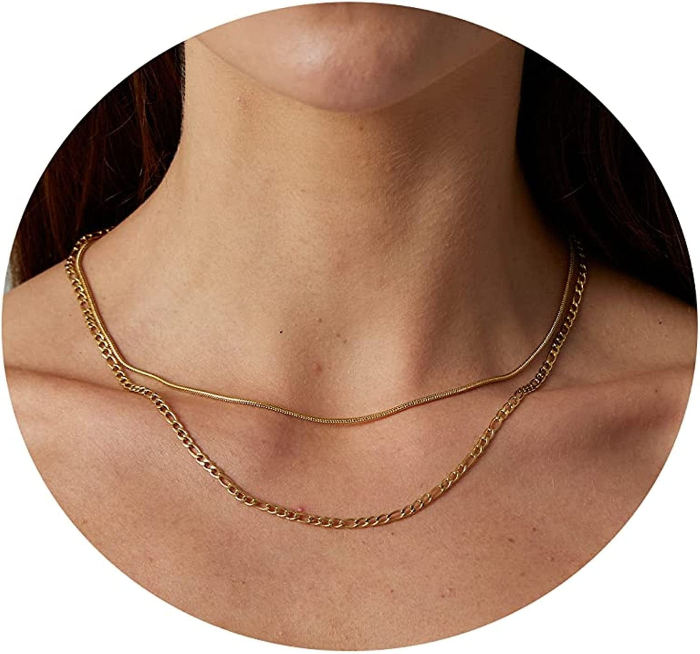 18K Gold Plated Herringbone Choker Necklaces Double Layered Snake Chain Necklace Trible Layering Figaro Paper Clip Chain Link Necklace Set Shiny Twisted Rope Chain Necklace for Women