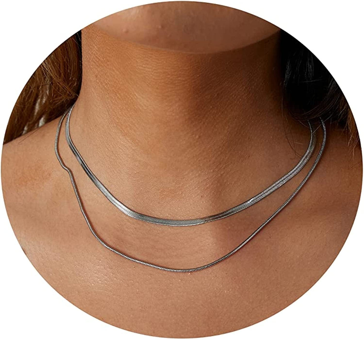 18K Gold Plated Herringbone Choker Necklaces Double Layered Snake Chain Necklace Trible Layering Figaro Paper Clip Chain Link Necklace Set Shiny Twisted Rope Chain Necklace for Women