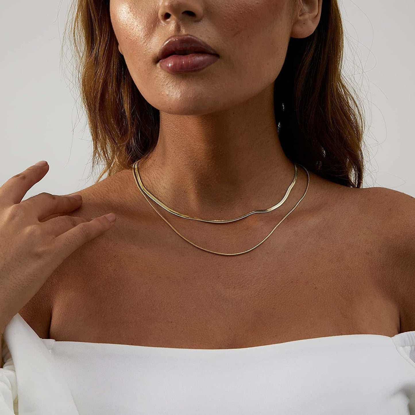 18K Gold Plated Herringbone Choker Necklaces Double Layered Snake Chain Necklace Trible Layering Figaro Paper Clip Chain Link Necklace Set Shiny Twisted Rope Chain Necklace for Women
