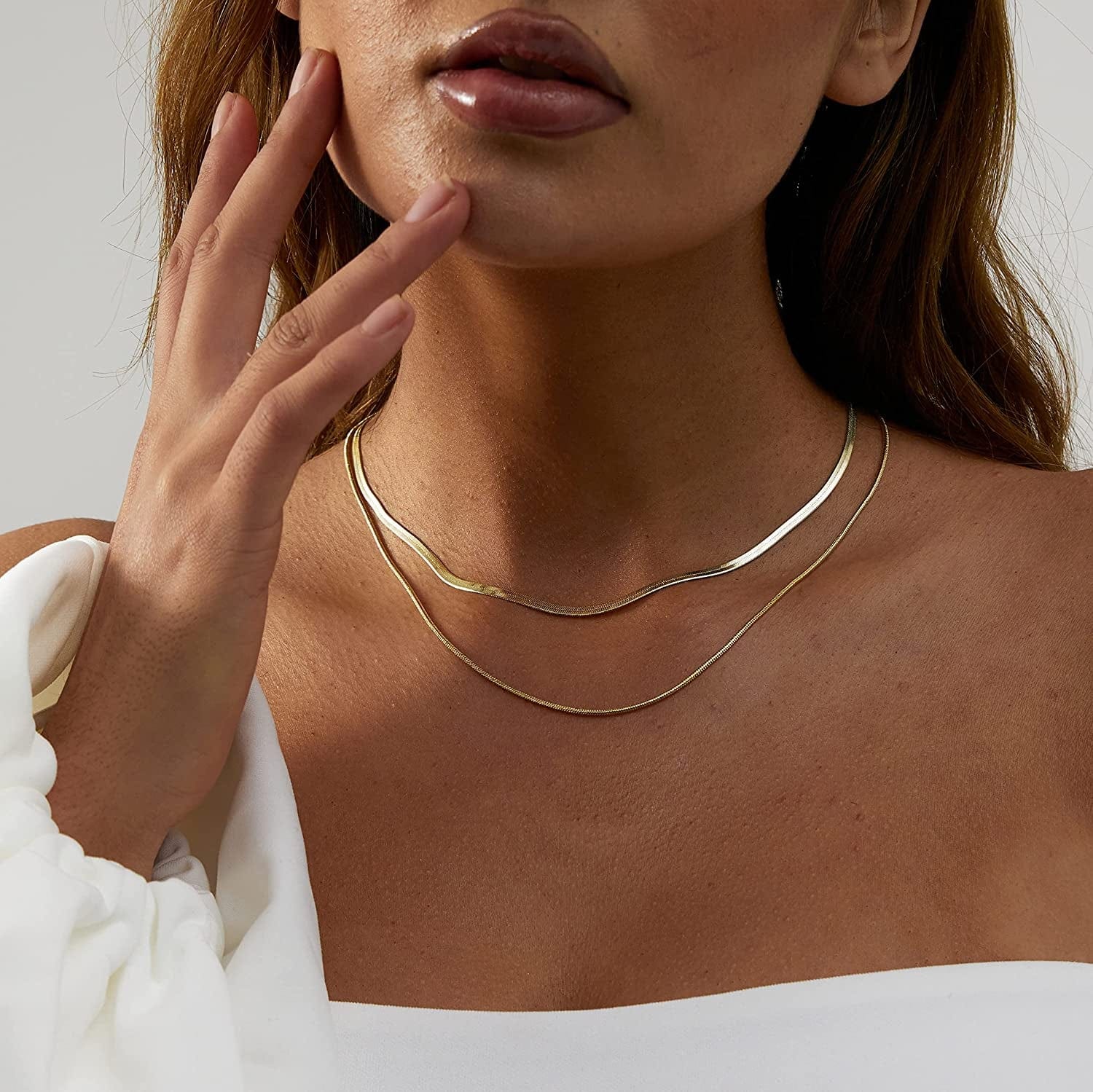 18K Gold Plated Herringbone Choker Necklaces Double Layered Snake Chain Necklace Trible Layering Figaro Paper Clip Chain Link Necklace Set Shiny Twisted Rope Chain Necklace for Women
