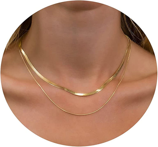 18K Gold Plated Herringbone Choker Necklaces Double Layered Snake Chain Necklace Trible Layering Figaro Paper Clip Chain Link Necklace Set Shiny Twisted Rope Chain Necklace for Women