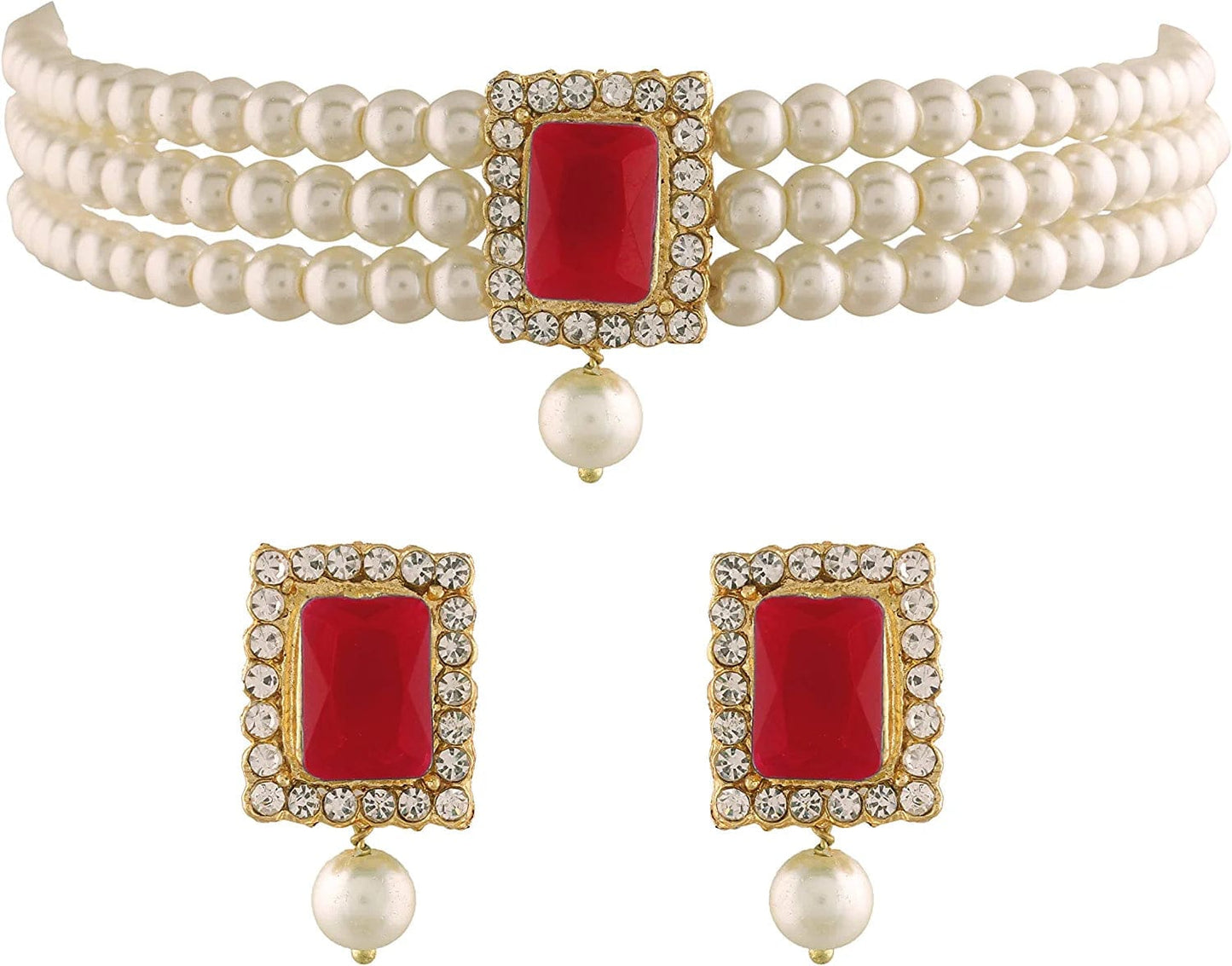 18K Gold Plated Indian Wedding Handcrafted Beaded Emerald Choker with Earrings for Women/Girls Red