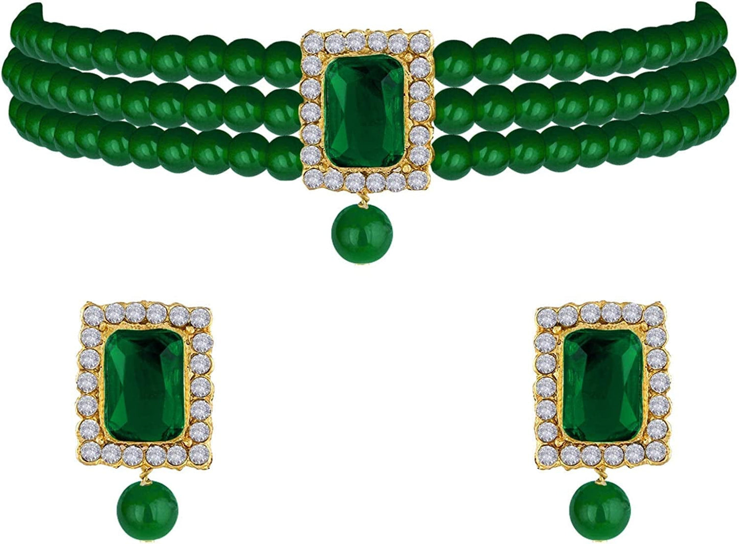 18K Gold Plated Indian Wedding Handcrafted Beaded Emerald Choker with Earrings for Women/Girls Green-1