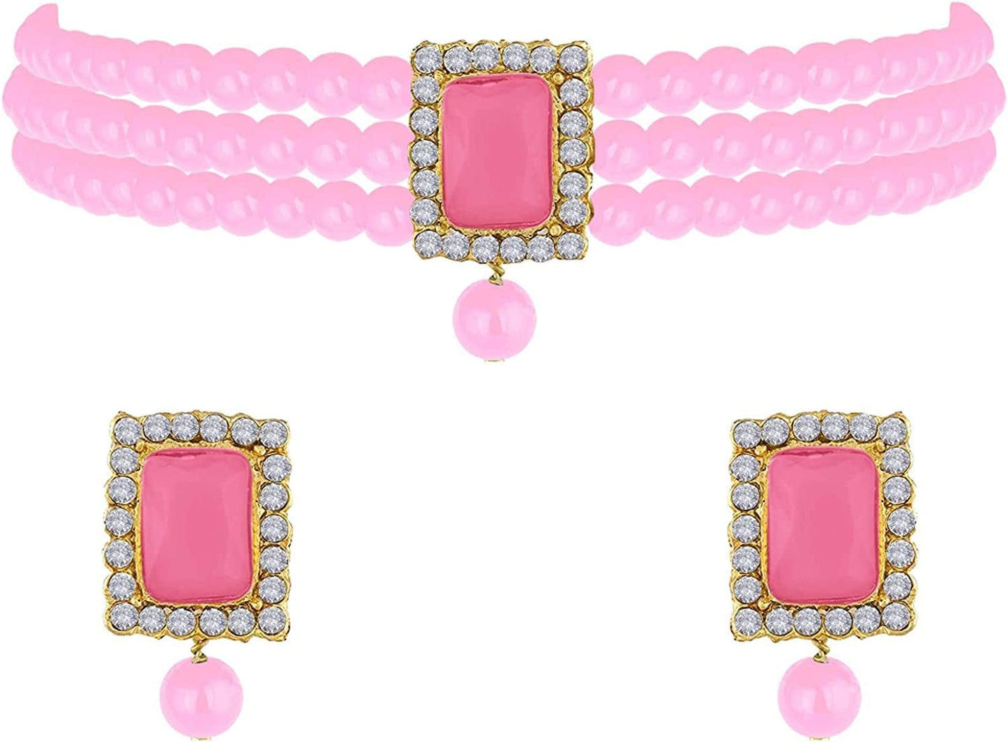18K Gold Plated Indian Wedding Handcrafted Beaded Emerald Choker with Earrings for Women/Girls Pink