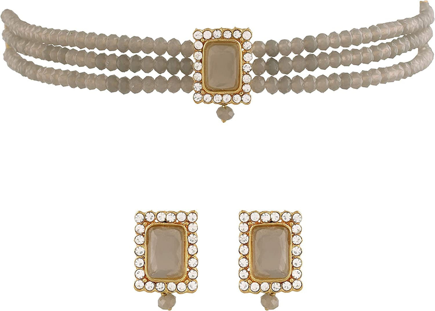 18K Gold Plated Indian Wedding Handcrafted Beaded Emerald Choker with Earrings for Women/Girls Grey