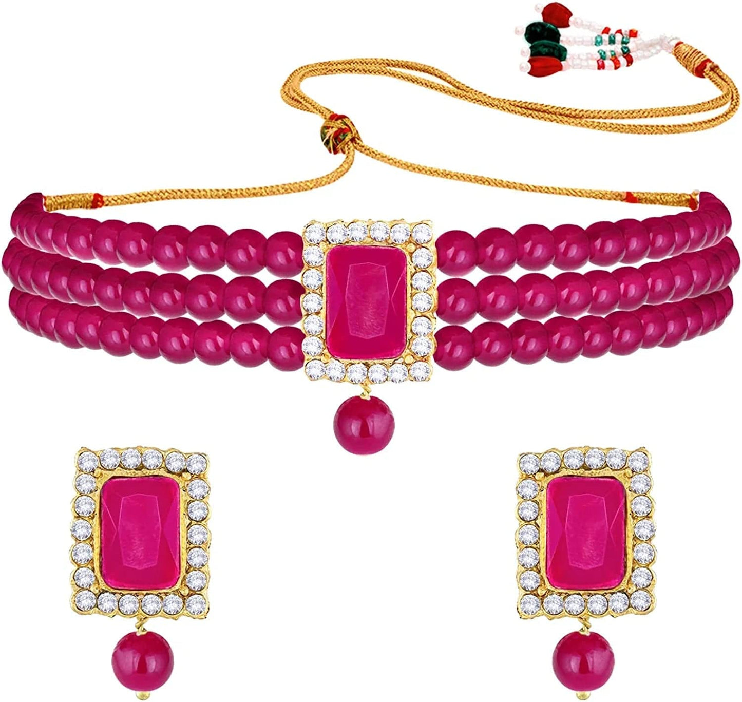 18K Gold Plated Indian Wedding Handcrafted Beaded Emerald Choker with Earrings for Women/Girls Pink-1