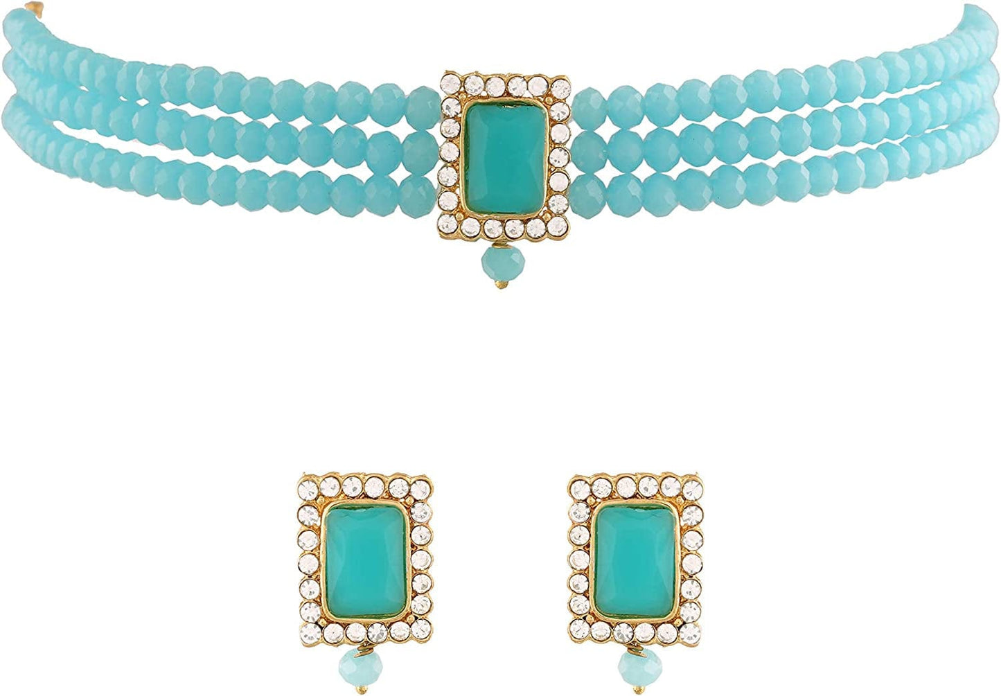 18K Gold Plated Indian Wedding Handcrafted Beaded Emerald Choker with Earrings for Women/Girls Sky Blue