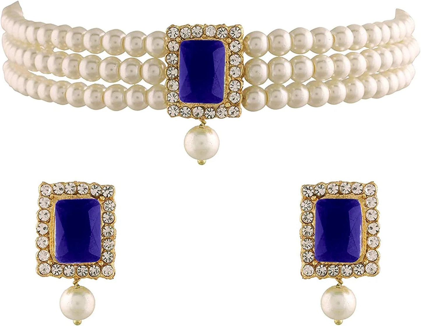 18K Gold Plated Indian Wedding Handcrafted Beaded Emerald Choker with Earrings for Women/Girls Blue