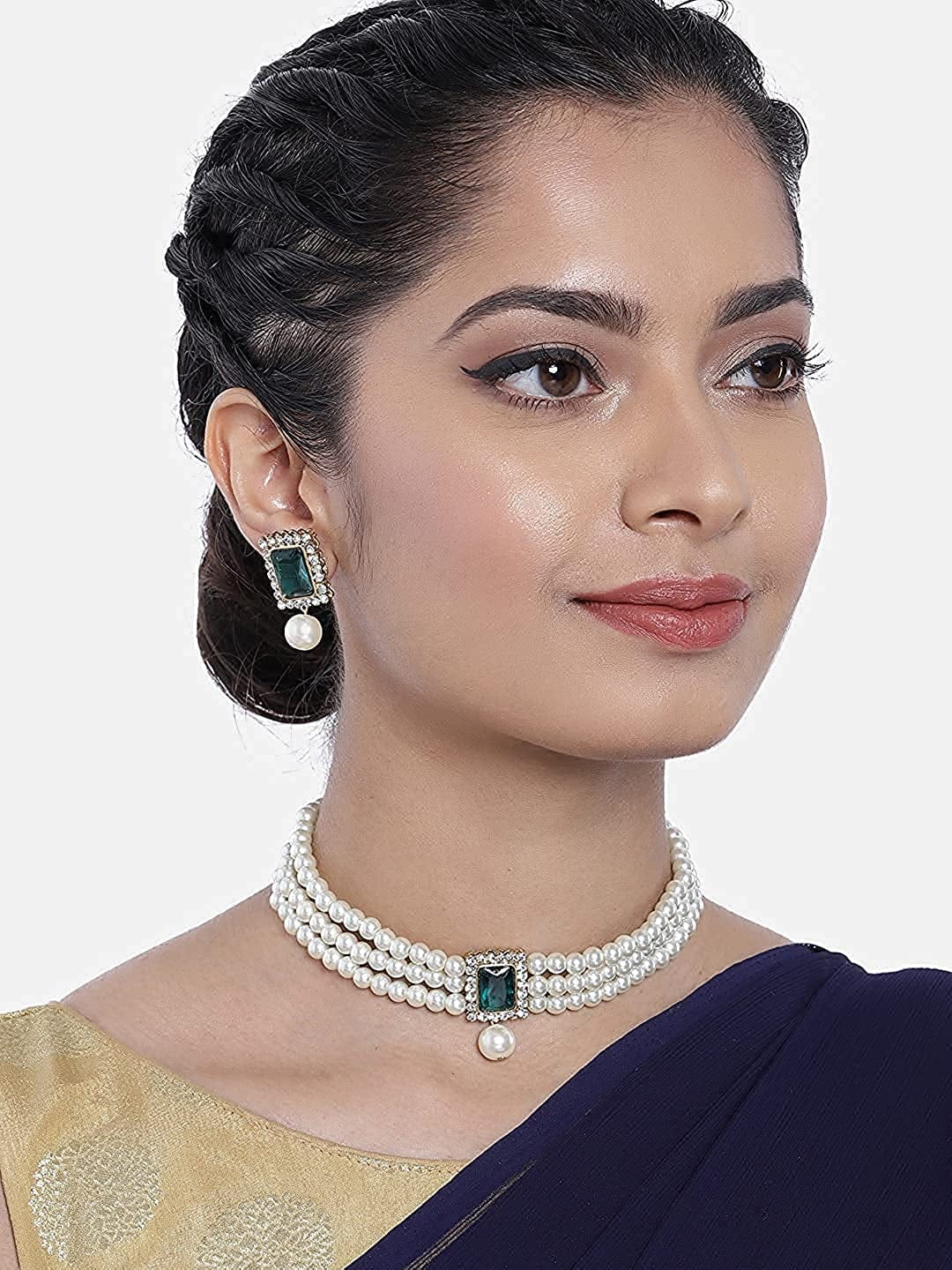 18K Gold Plated Indian Wedding Handcrafted Beaded Emerald Choker with Earrings for Women/Girls
