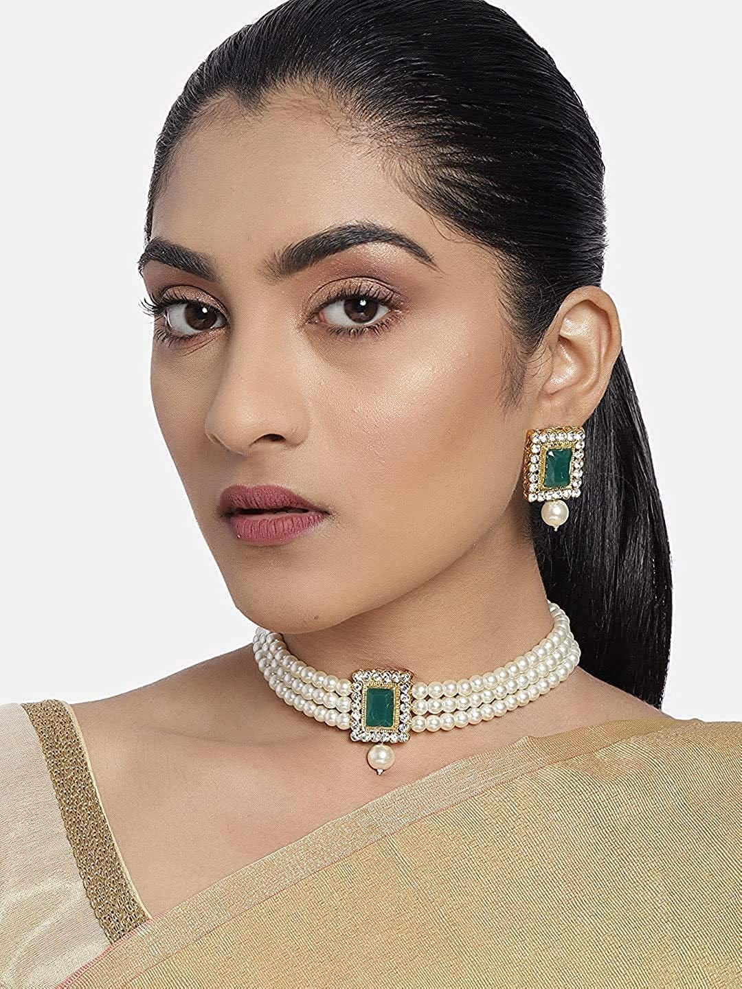 18K Gold Plated Indian Wedding Handcrafted Beaded Emerald Choker with Earrings for Women/Girls