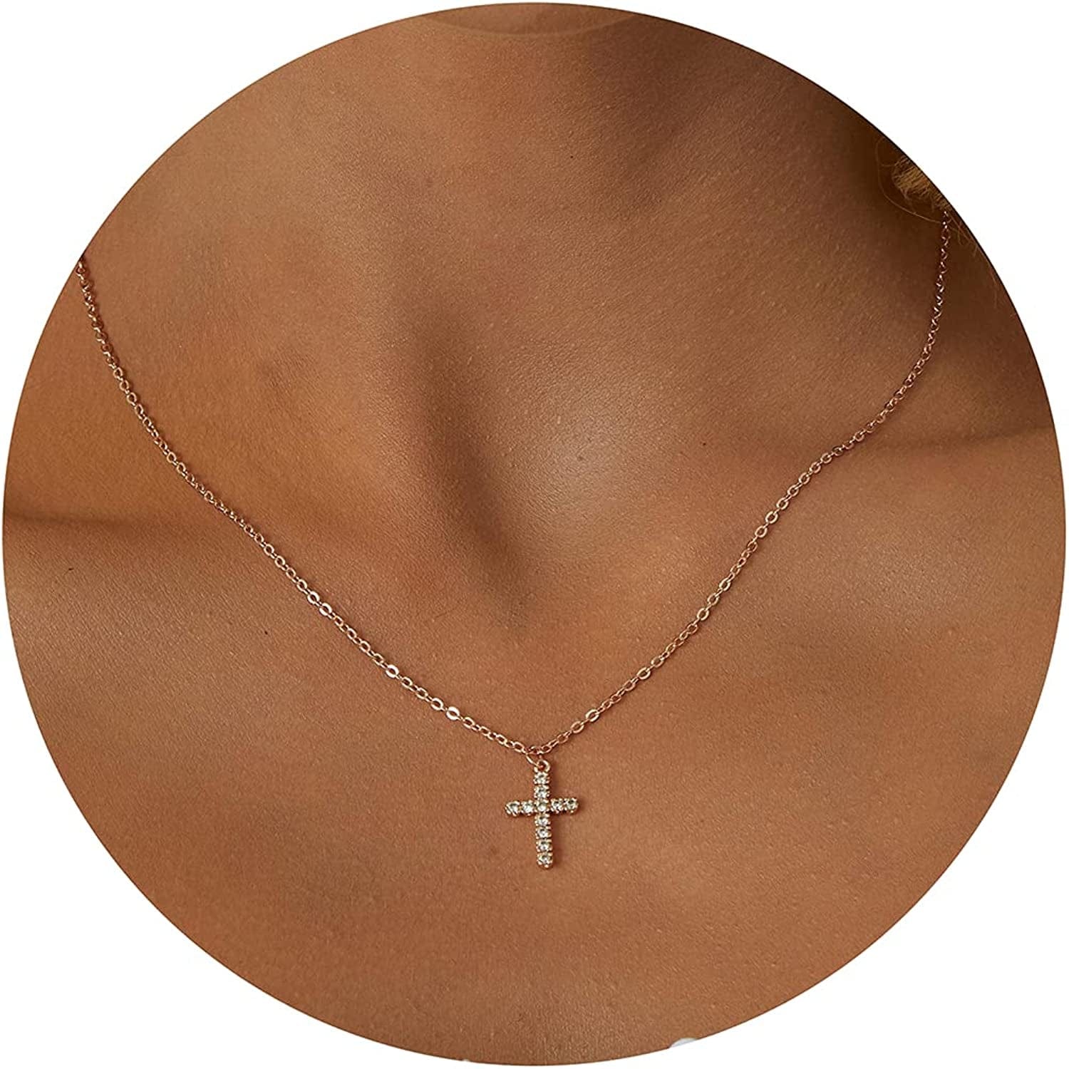 18K Gold/Silver Plated Simple Evil Eye Turquoise Cross Pendant Choker Necklace Simple Tiny Necklace for Women Girls Cubic Zirconia Pendant Rose Gold