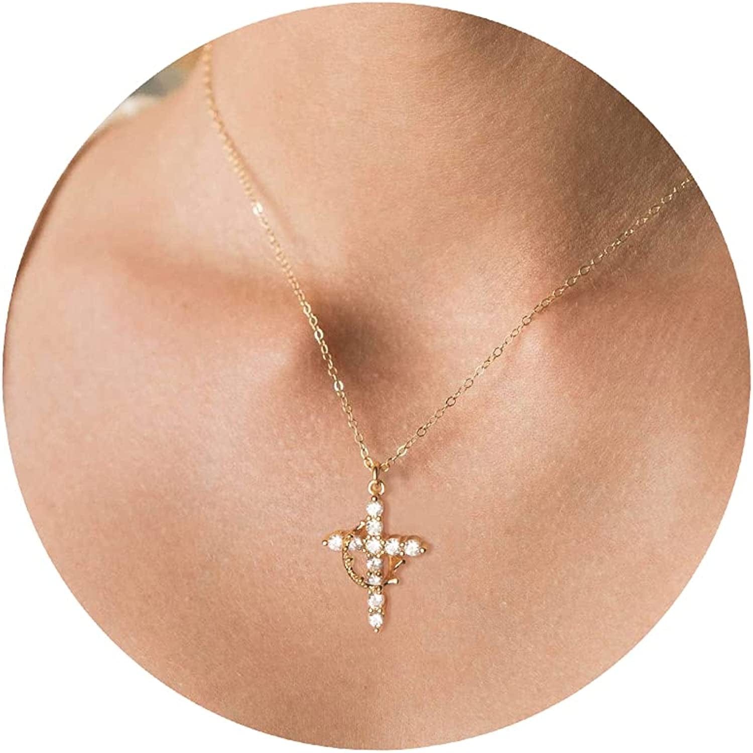 18K Gold/Silver Plated Simple Evil Eye Turquoise Cross Pendant Choker Necklace Simple Tiny Necklace for Women Girls cross with crown Gold