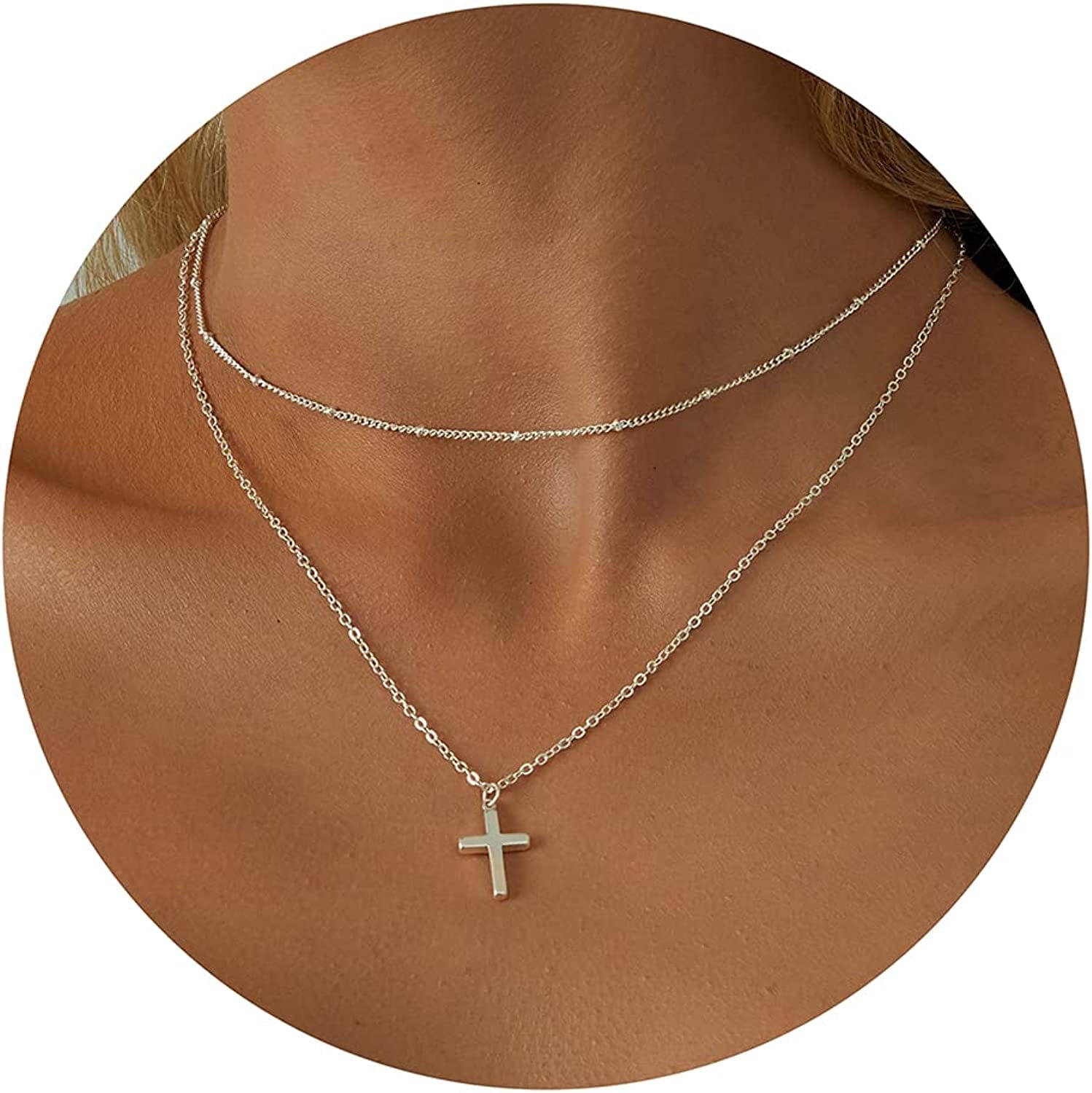 18K Gold/Silver Plated Simple Evil Eye Turquoise Cross Pendant Choker Necklace Simple Tiny Necklace for Women Girls Layered Satellite Cross Silver
