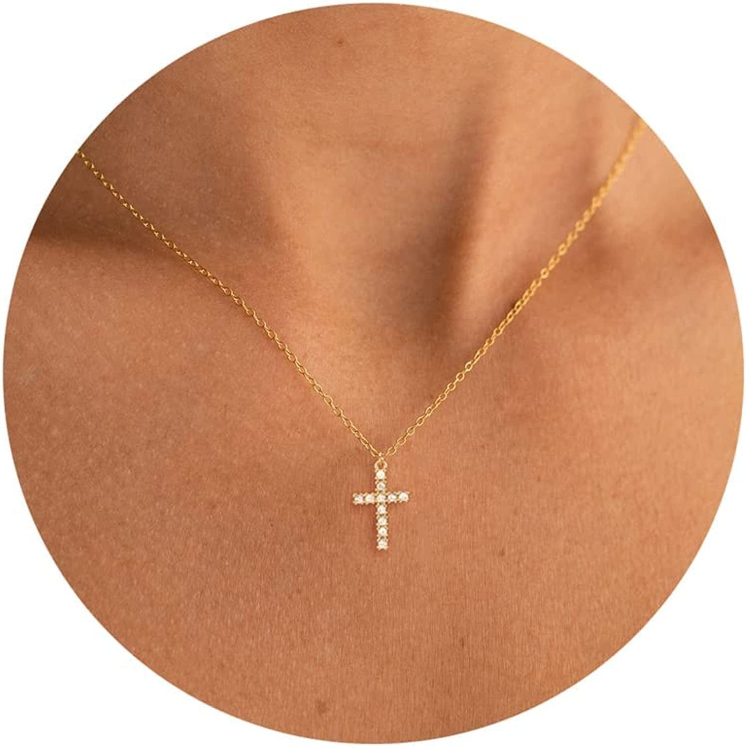 18K Gold/Silver Plated Simple Evil Eye Turquoise Cross Pendant Choker Necklace Simple Tiny Necklace for Women Girls Cubic Zirconia Pendant Gold